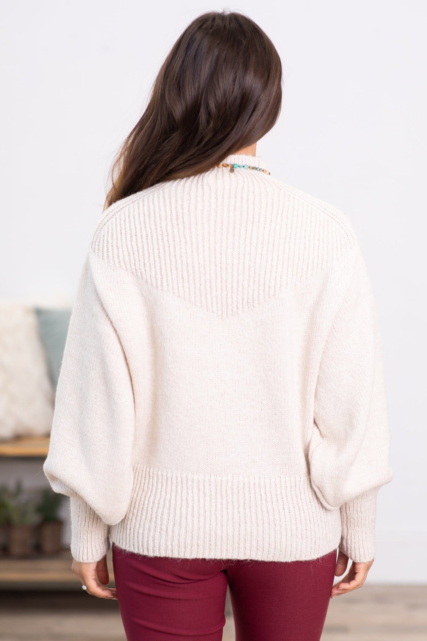Beige Balloon Sleeve Mock Neck Sweater - Filly Flair