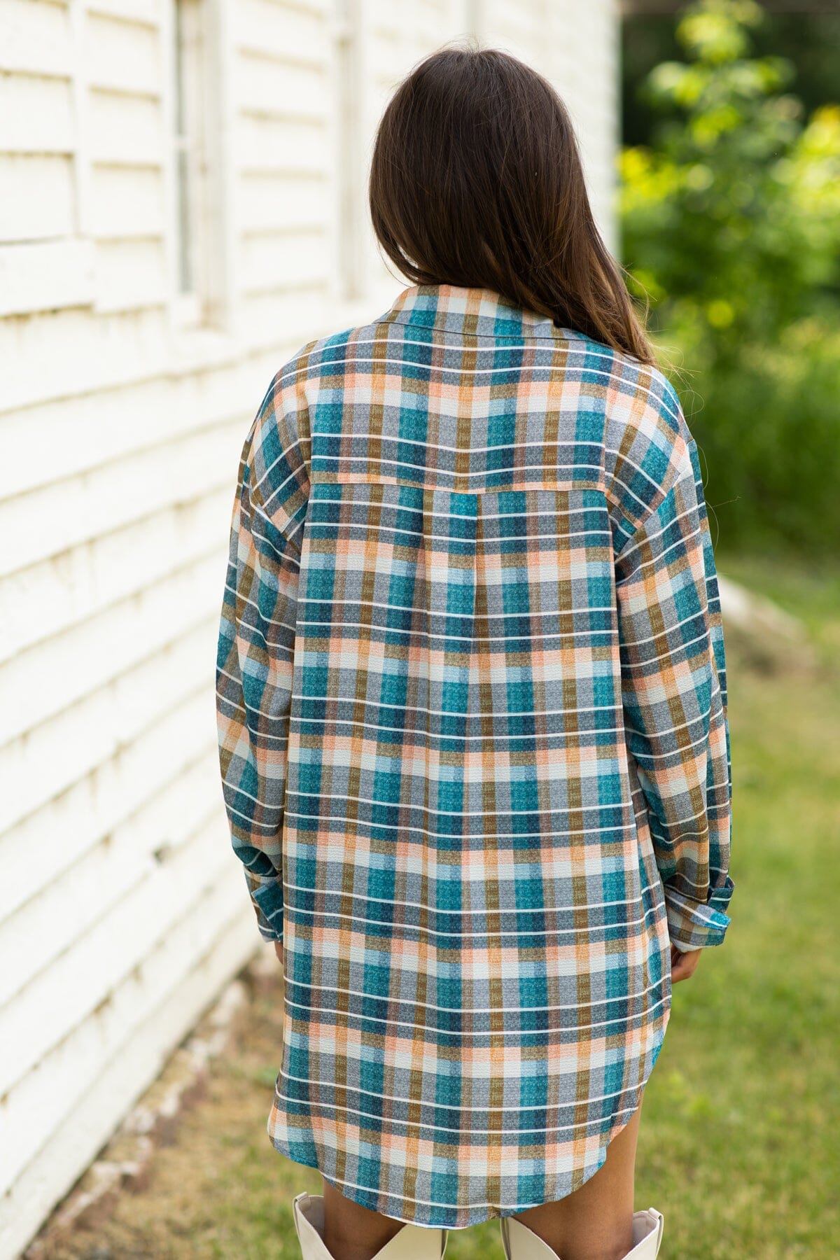 Teal and Peach Plaid Button Up Top - Filly Flair