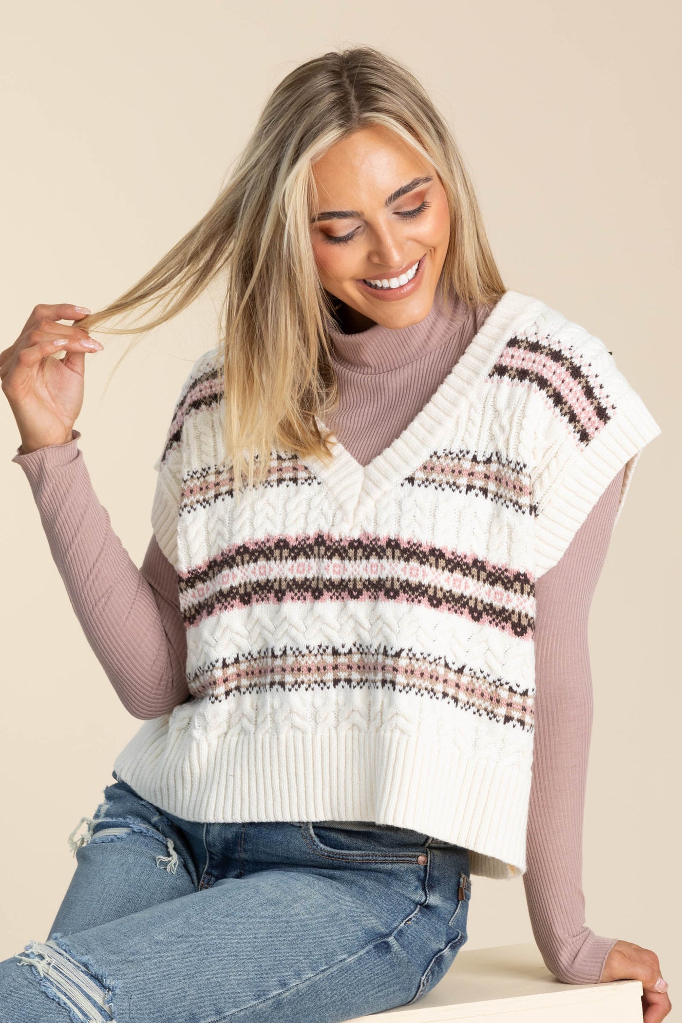 Brown Color Mix Cable Knit Sweater Vest