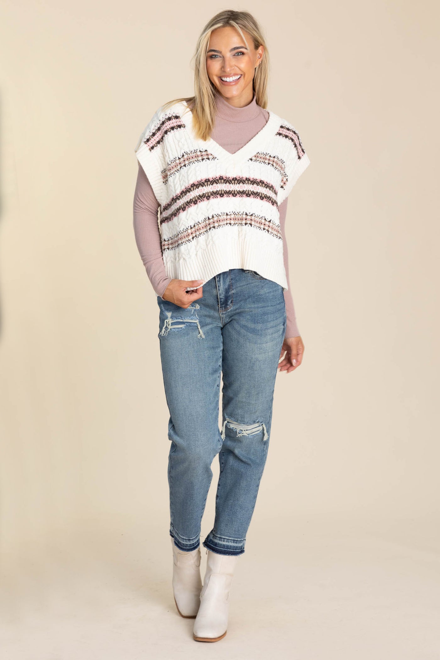 Brown Color Mix Cable Knit Sweater Vest