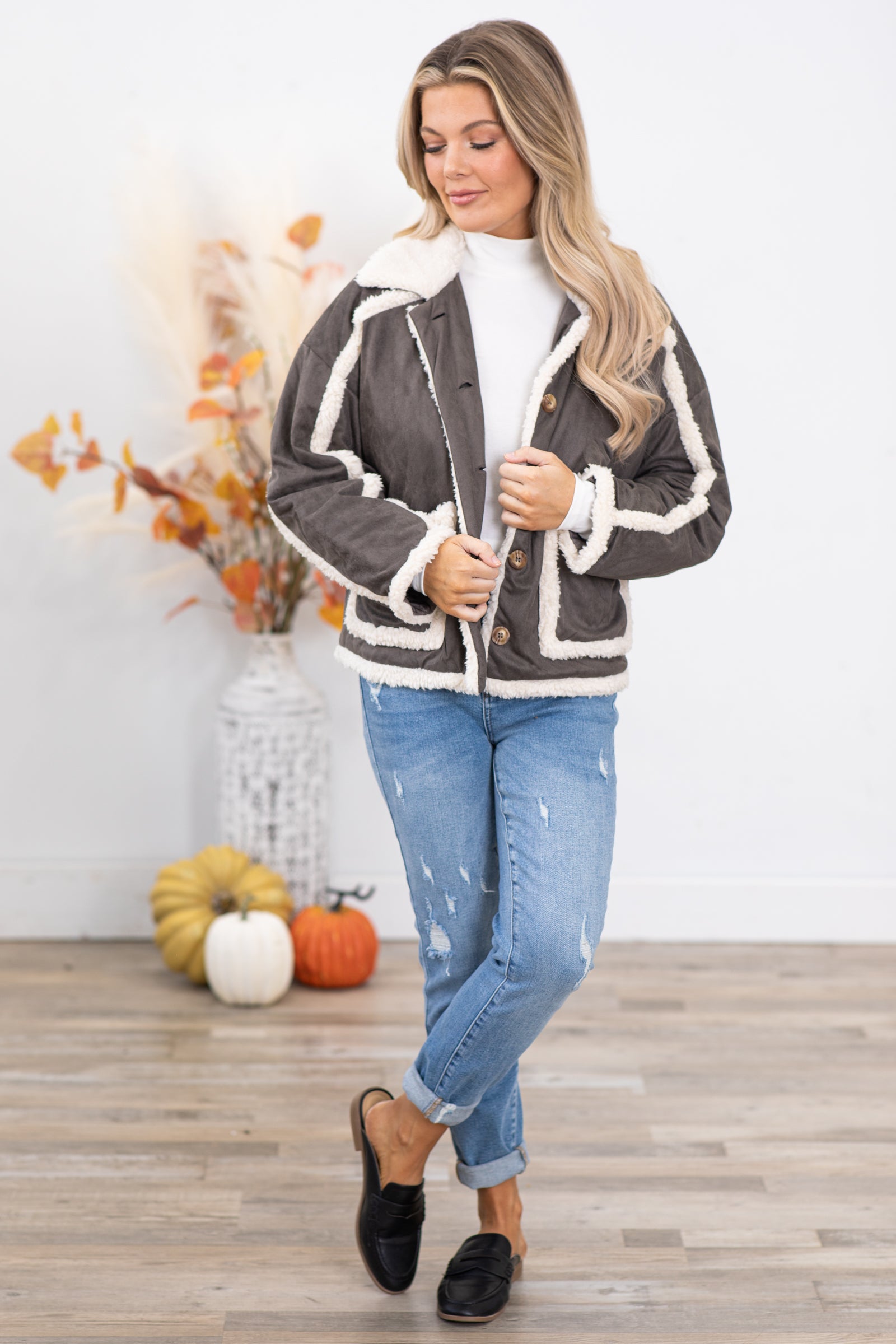 Steel and Ivory Sherpa Trim Jacket