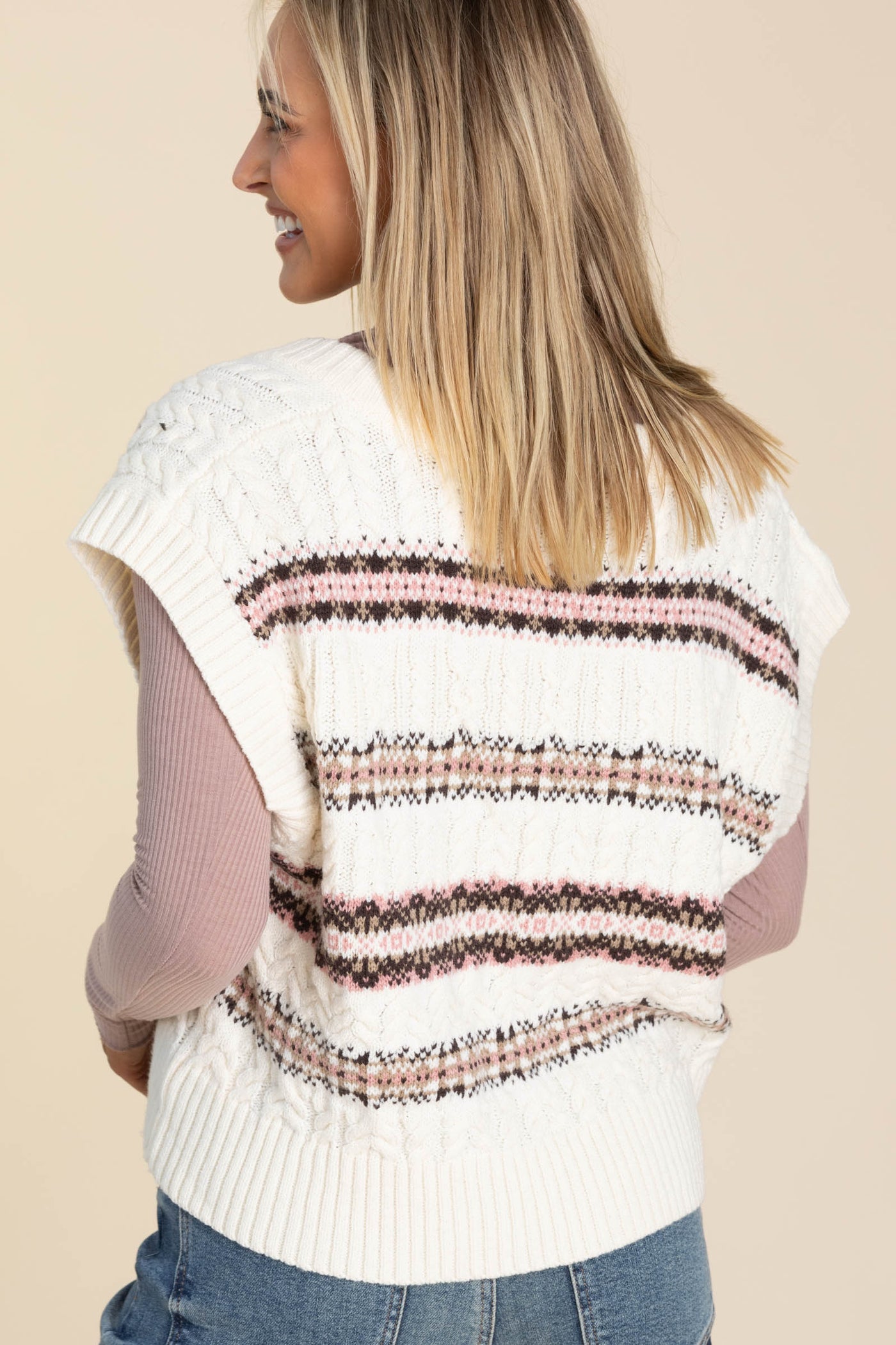 Brown Color Mix Cable Knit Sweater Vest