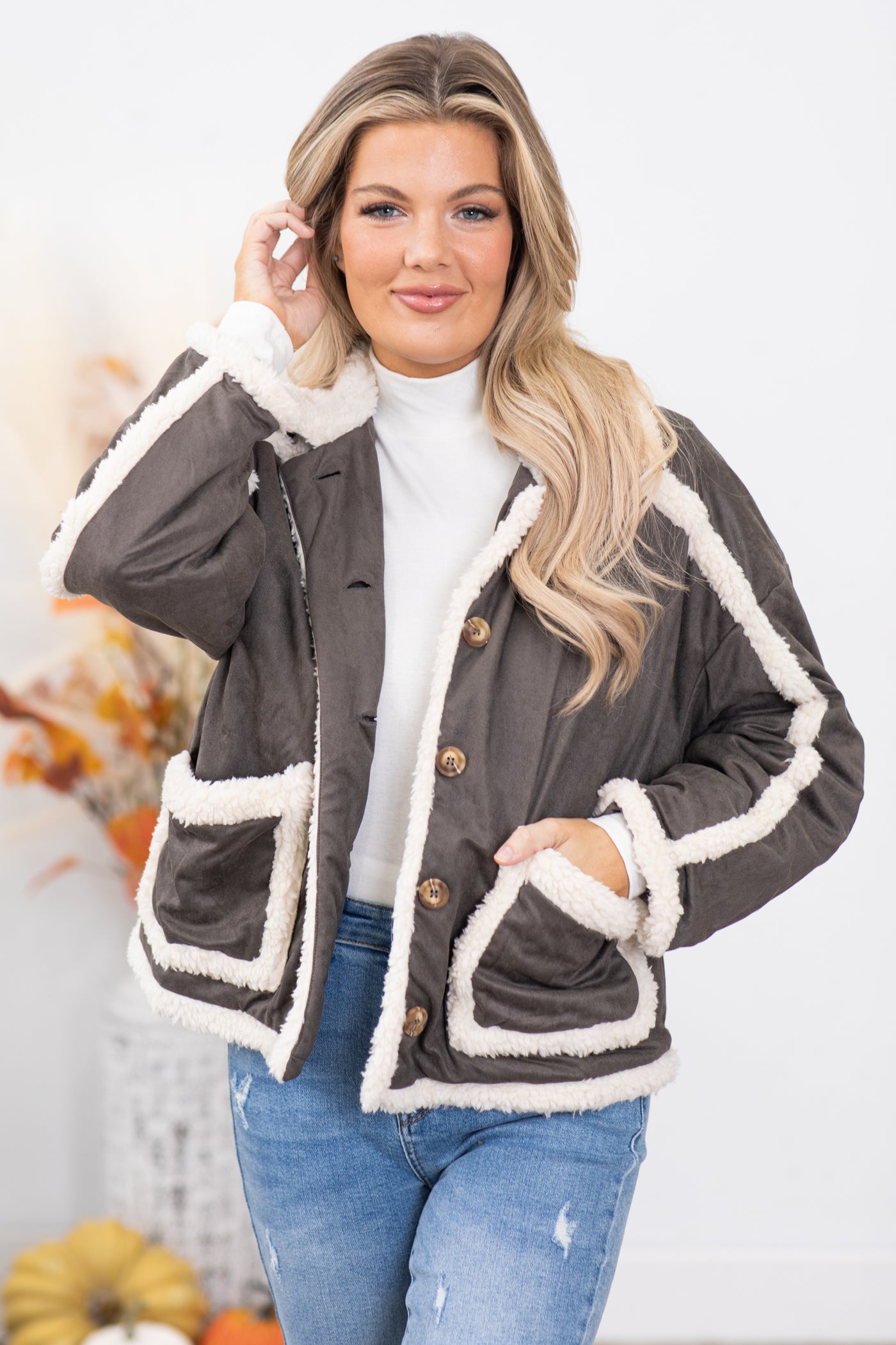 Steel and Ivory Sherpa Trim Jacket