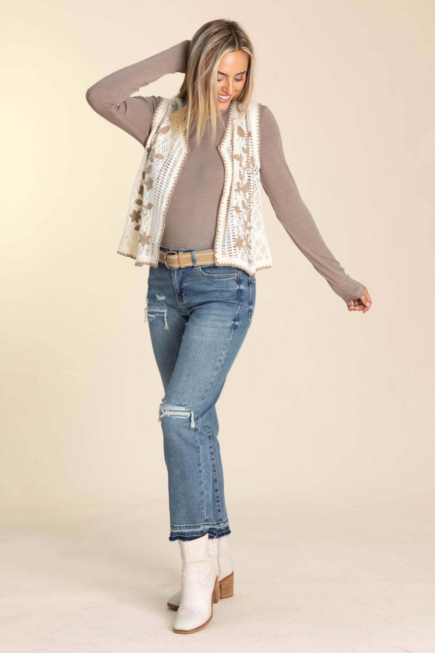 Beige Blanket Stitch Floral Crochet Vest