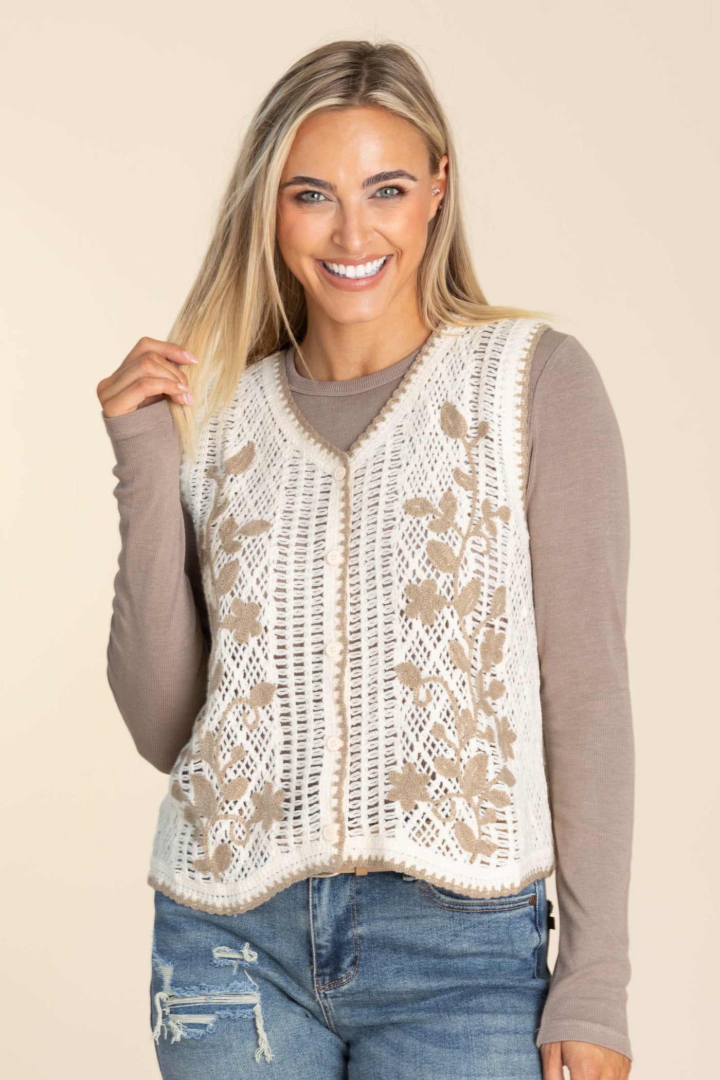 Beige Blanket Stitch Floral Crochet Vest