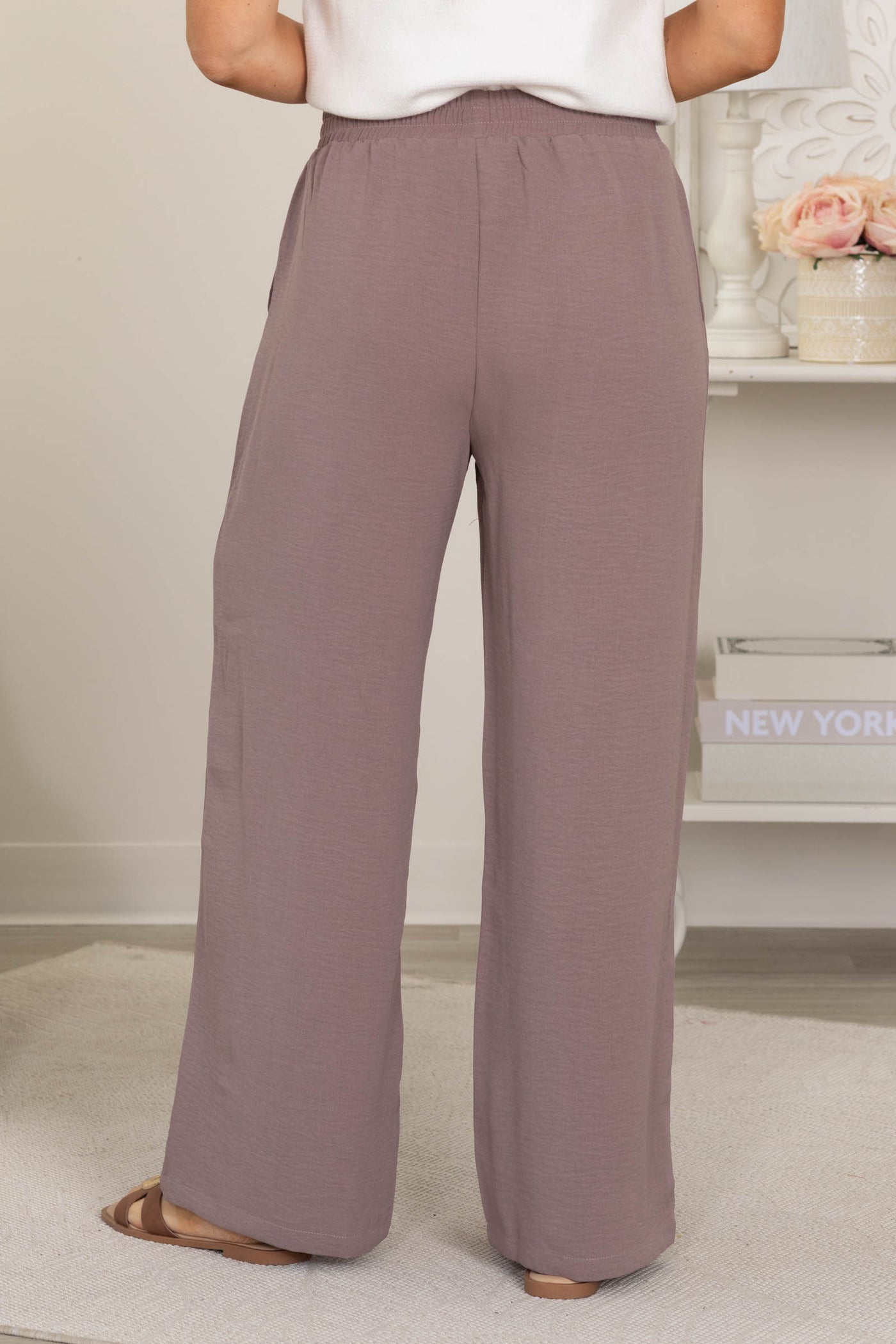 Mocha Elastic Waist Wide Leg Pants With Pockets