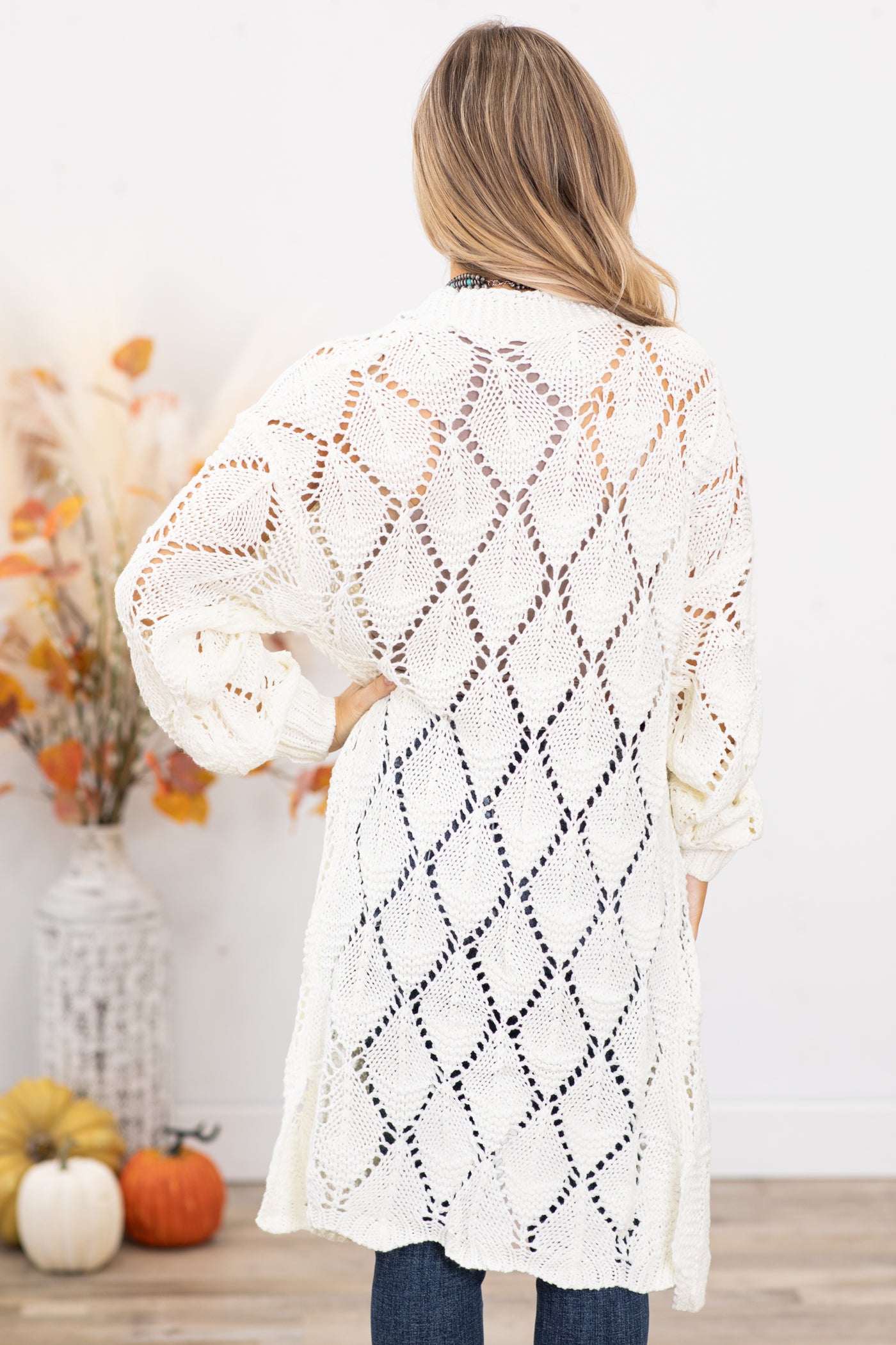 Ivory Knee Length Crochet Cradigan