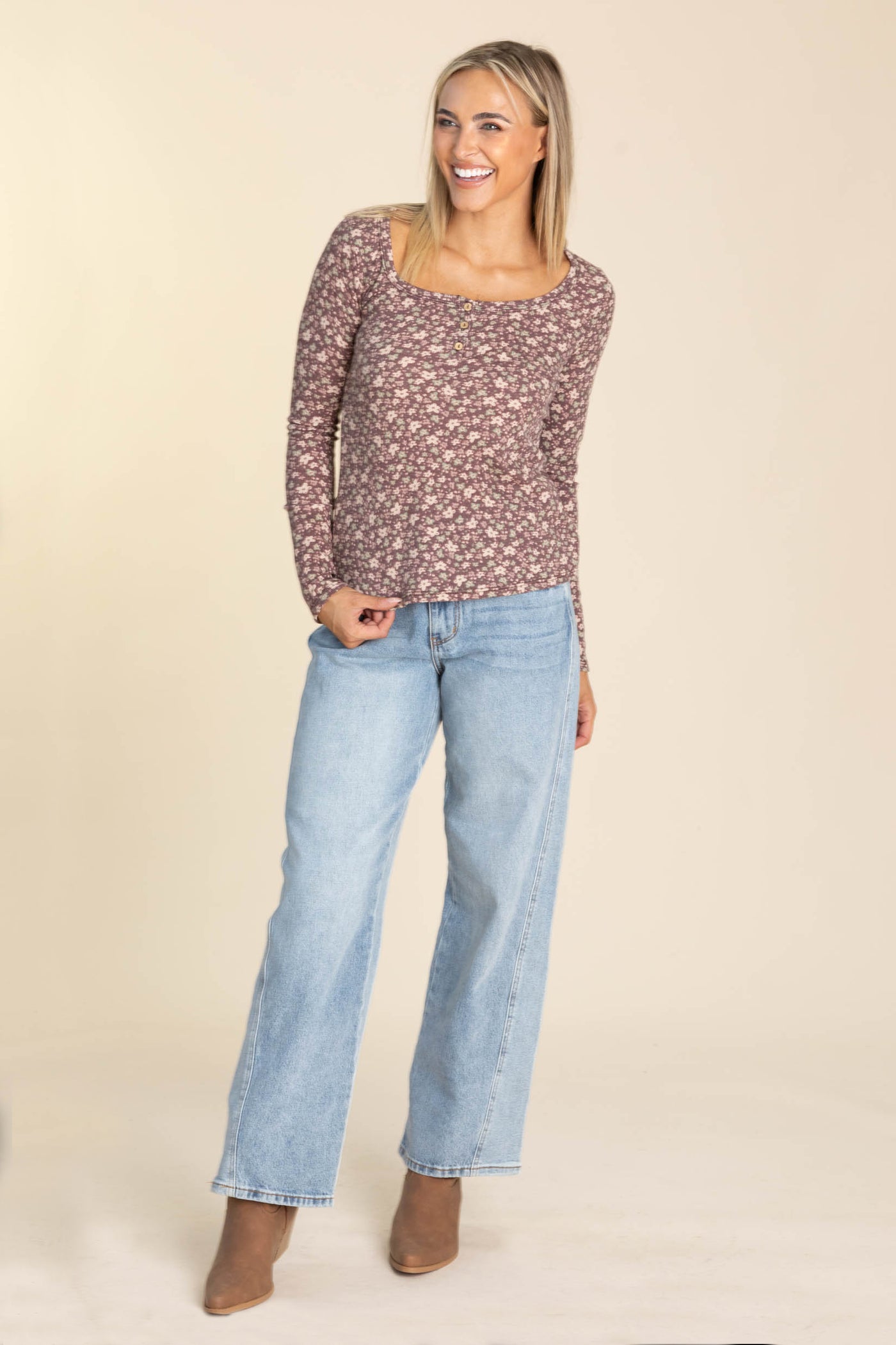 Mauve Square Neckline Floral Knit Top