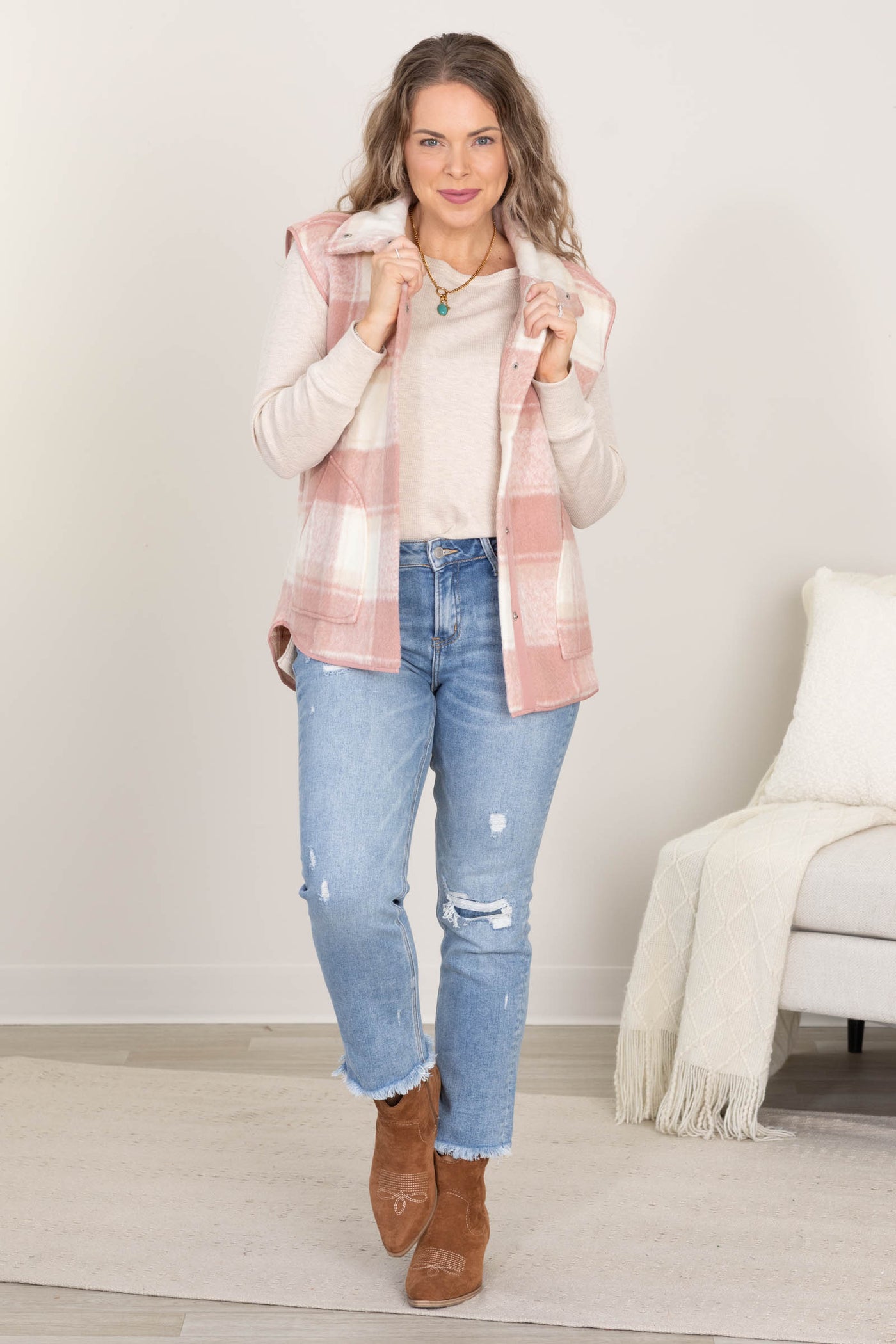 Dusty Pink And Ivory Plaid Vest