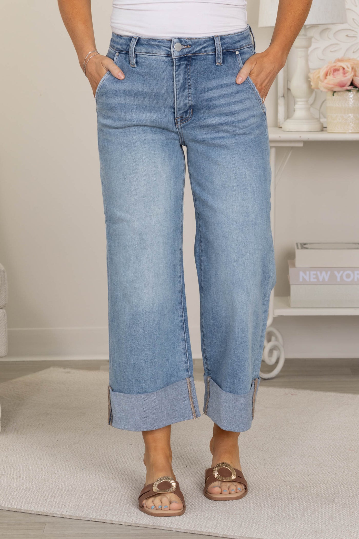 Risen Tummy Control Ankle Wide Cuffed Jeans
