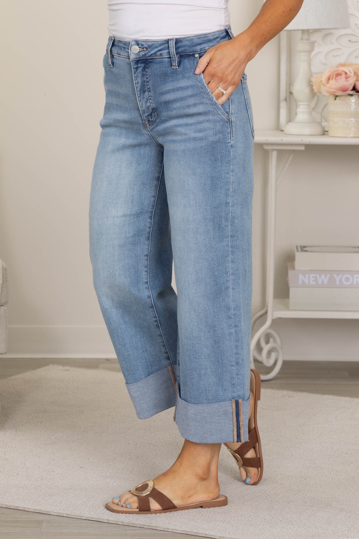 Risen Tummy Control Ankle Wide Cuffed Jeans