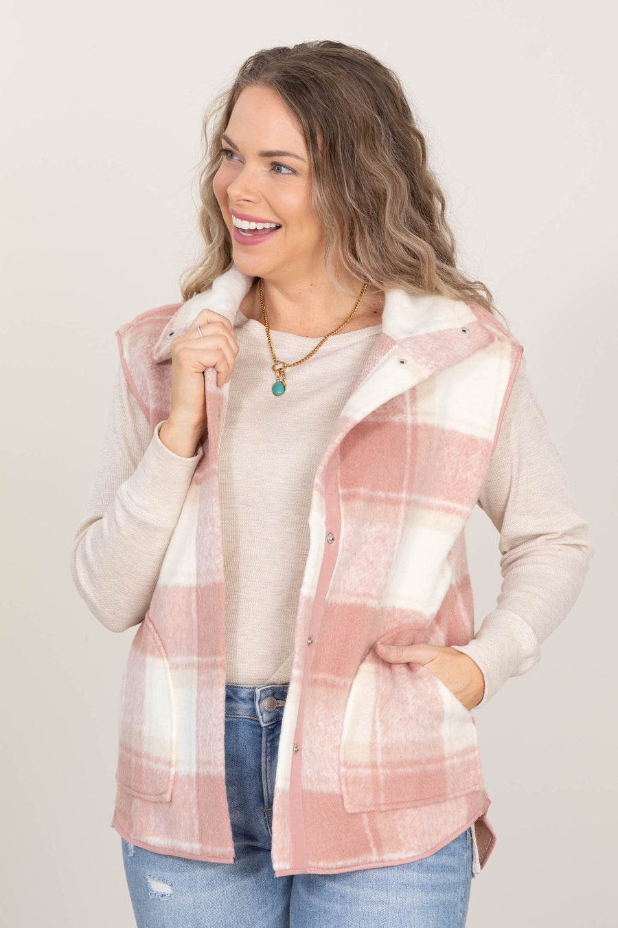 Dusty Pink And Ivory Plaid Vest