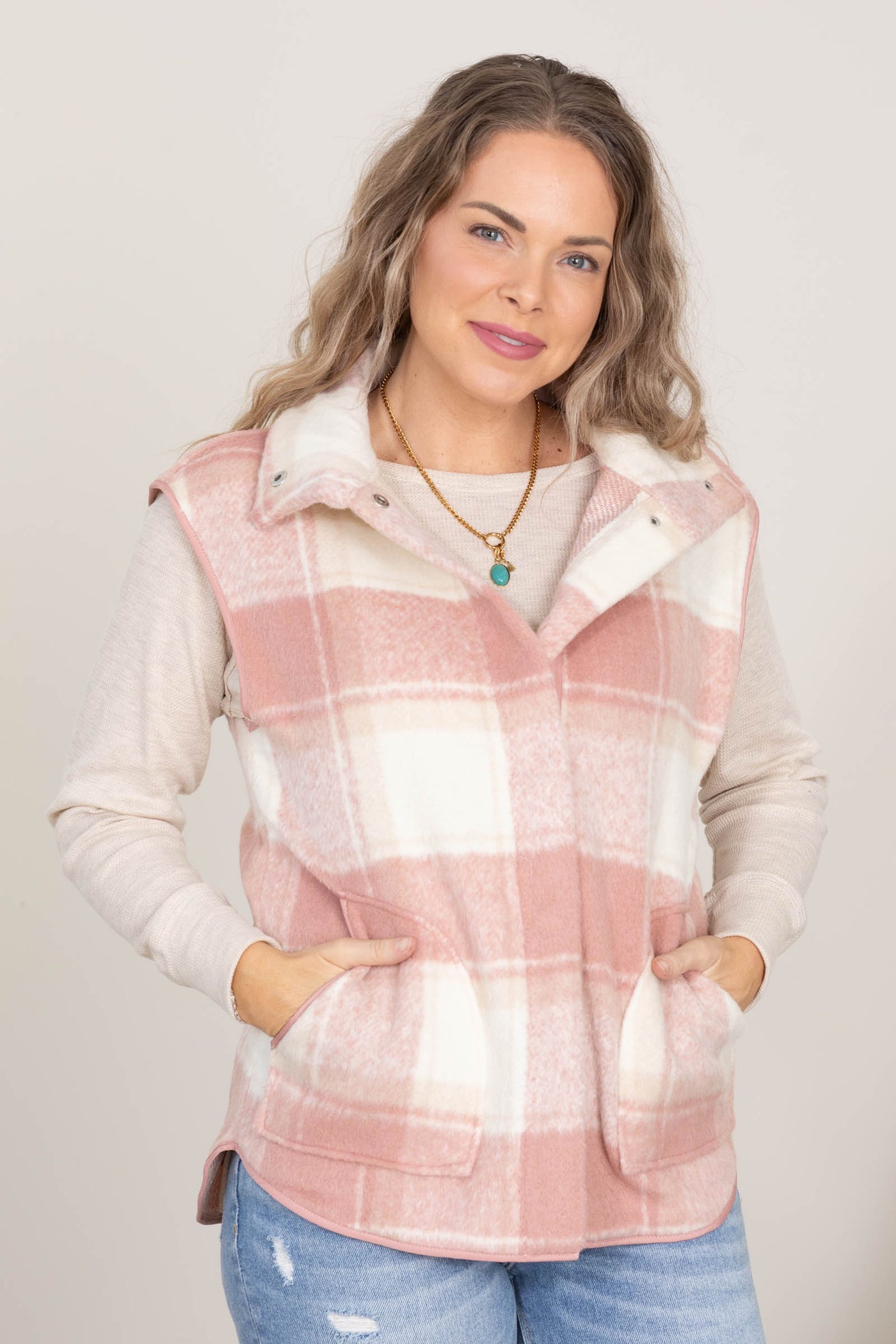 Dusty Pink And Ivory Plaid Vest