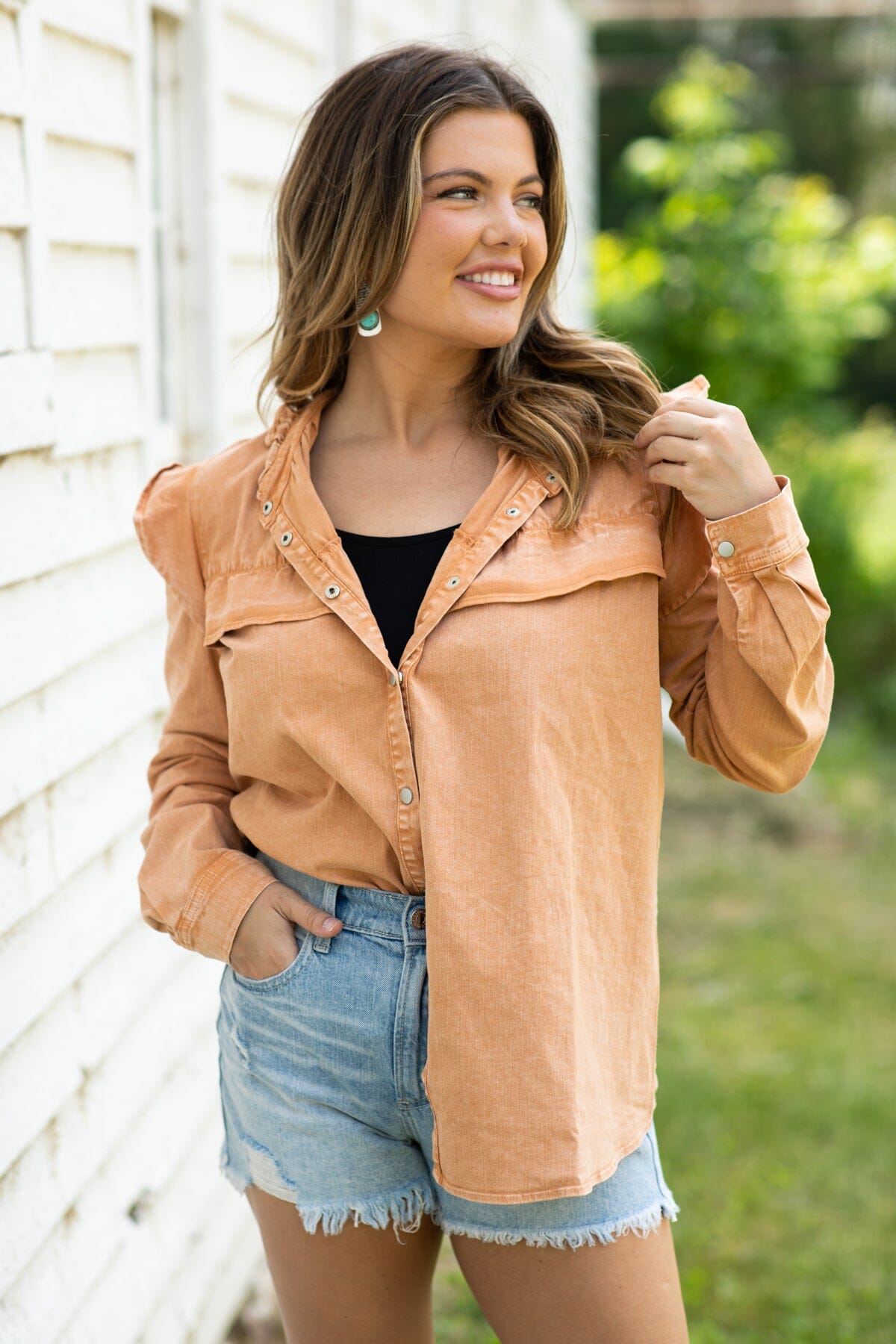 Cinnamon Button Up Flutter Sleeve Detail Top - Filly Flair