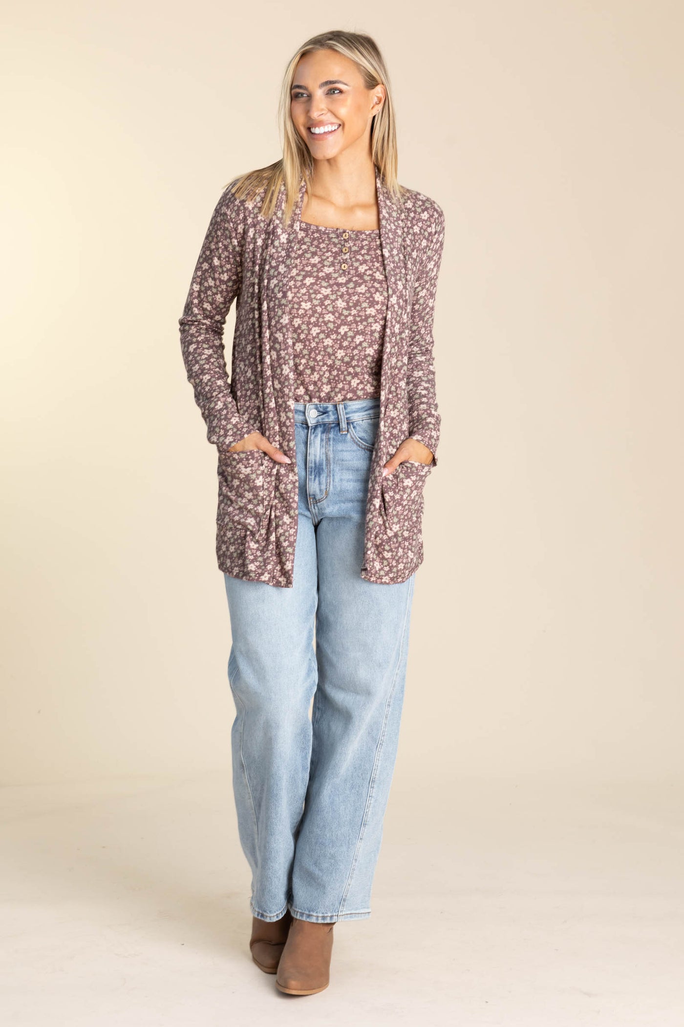 Floral Print Knit Cardigans With Pockets