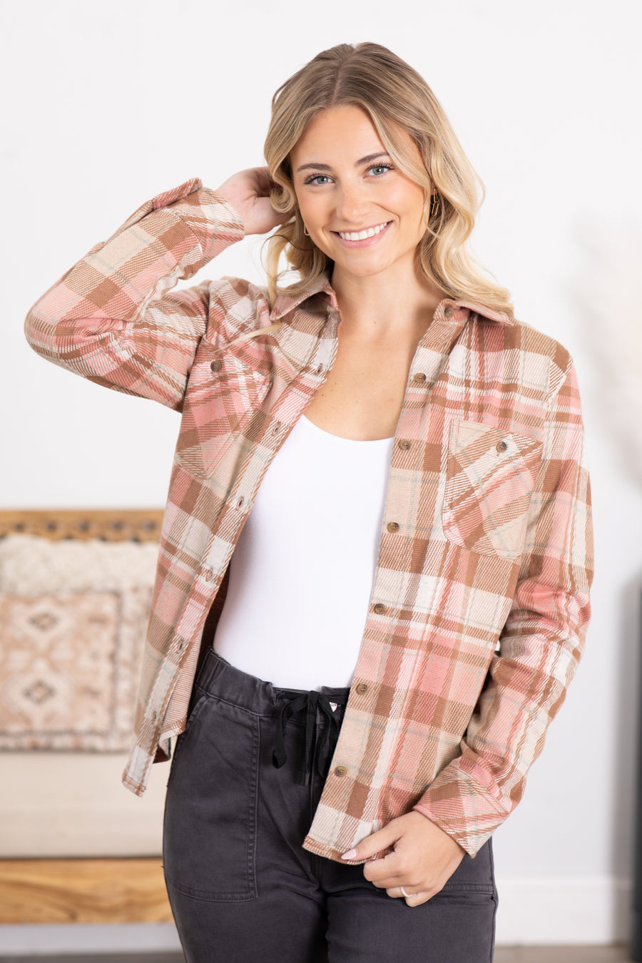 Blush Plaid Front Pocket Button Up Knit Top