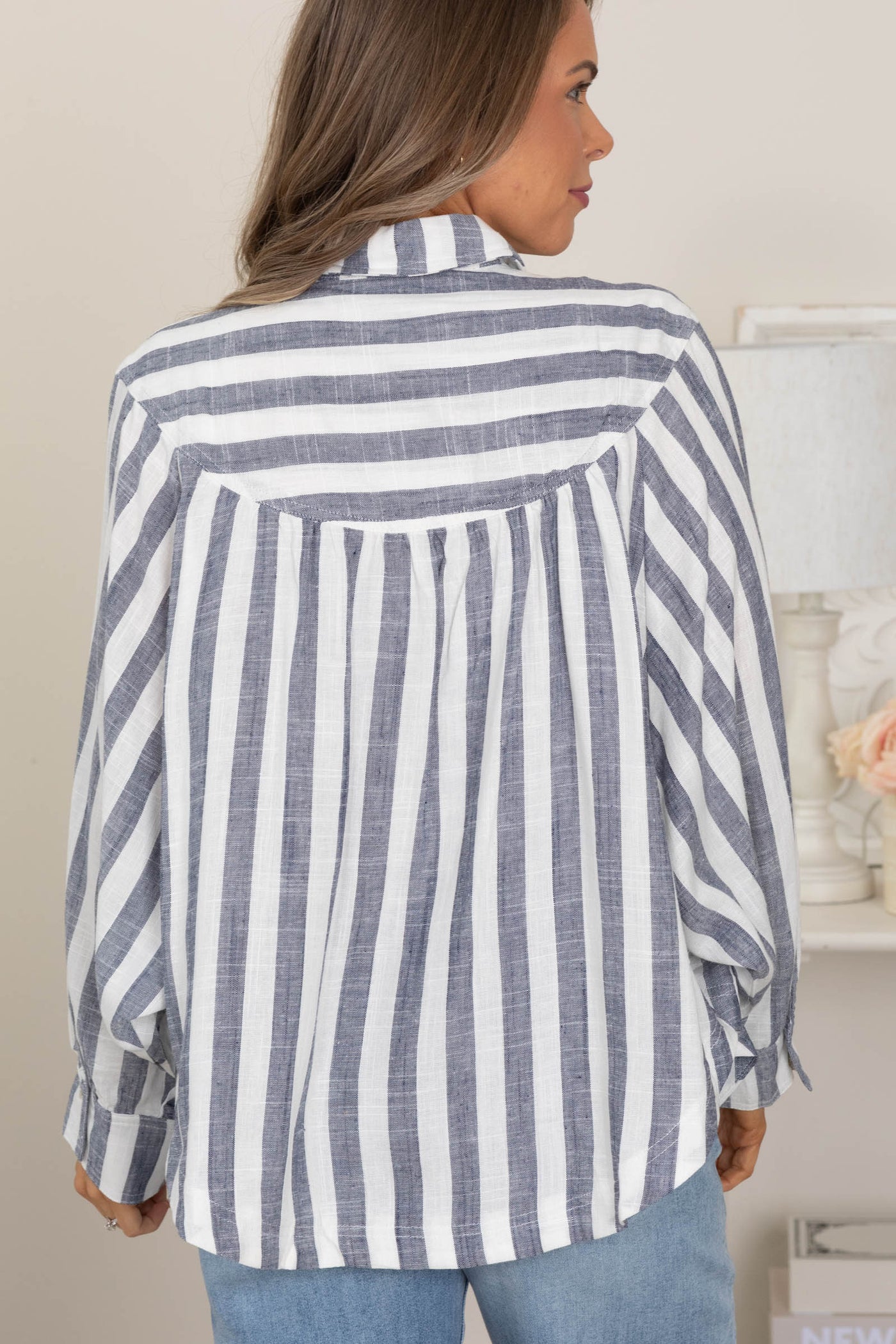 Navy And White Button Down Striped Top