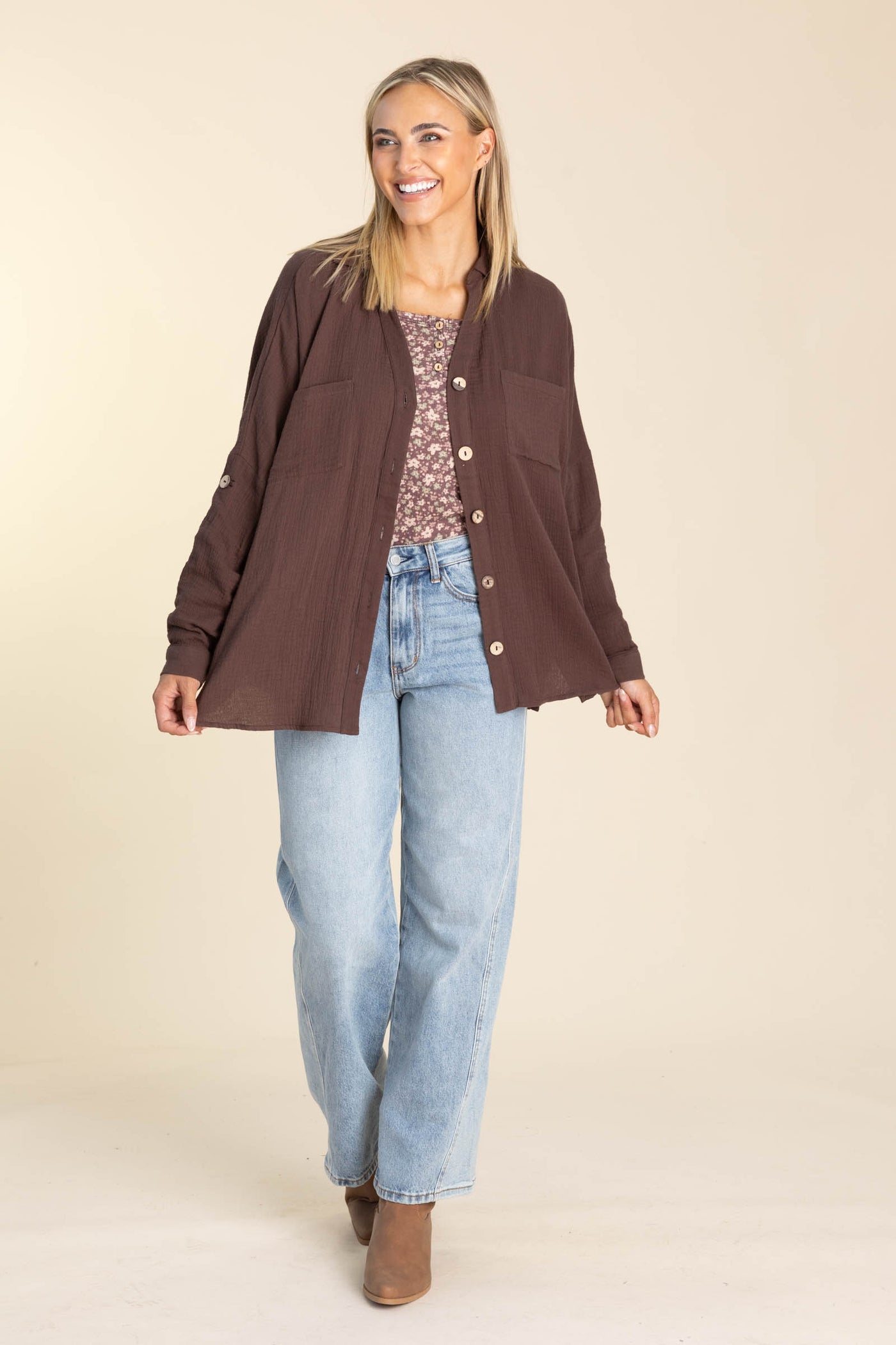 Brown Gauzy Button Down Top