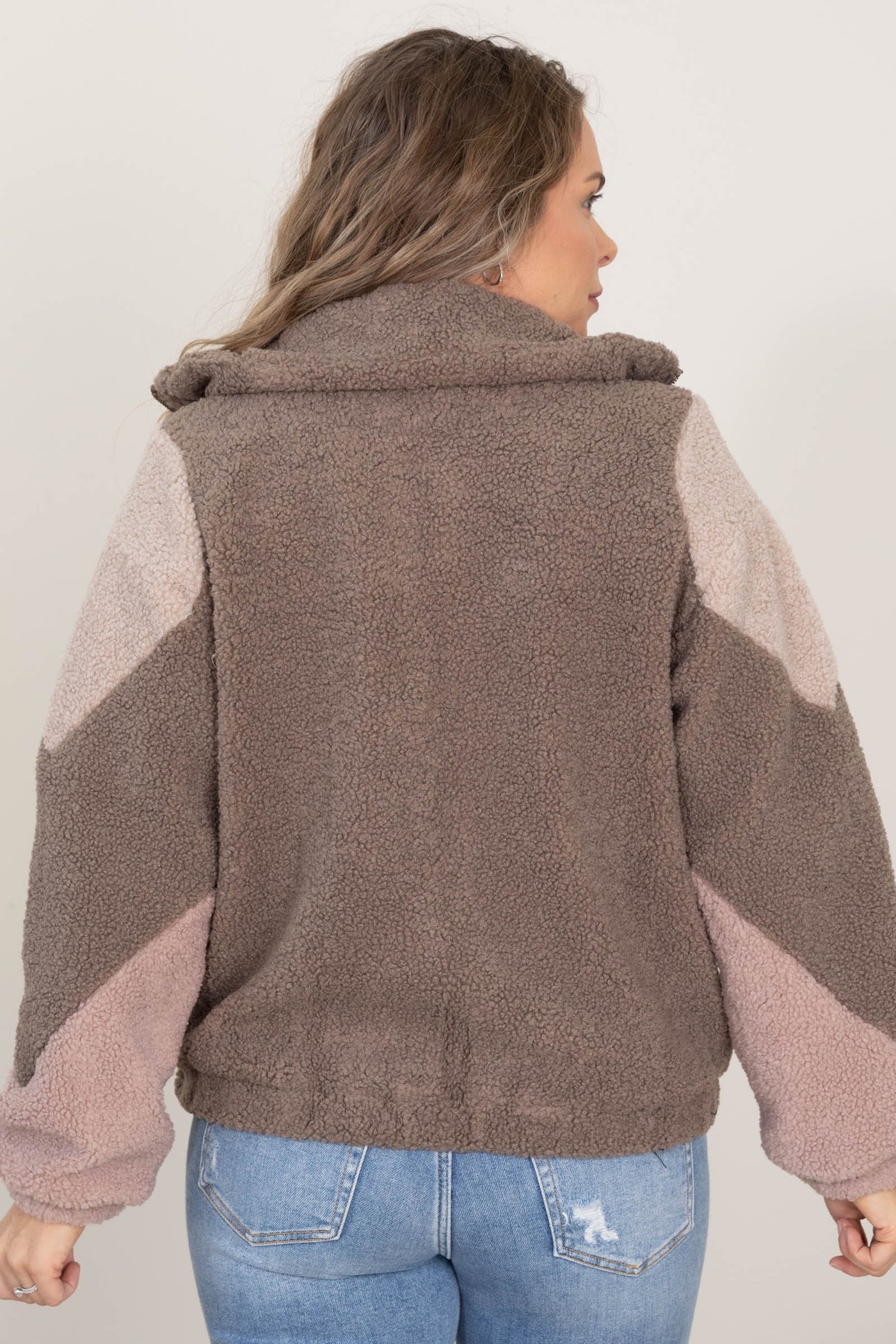 Mocha Colorblock Sherpa Zip Up Jacket
