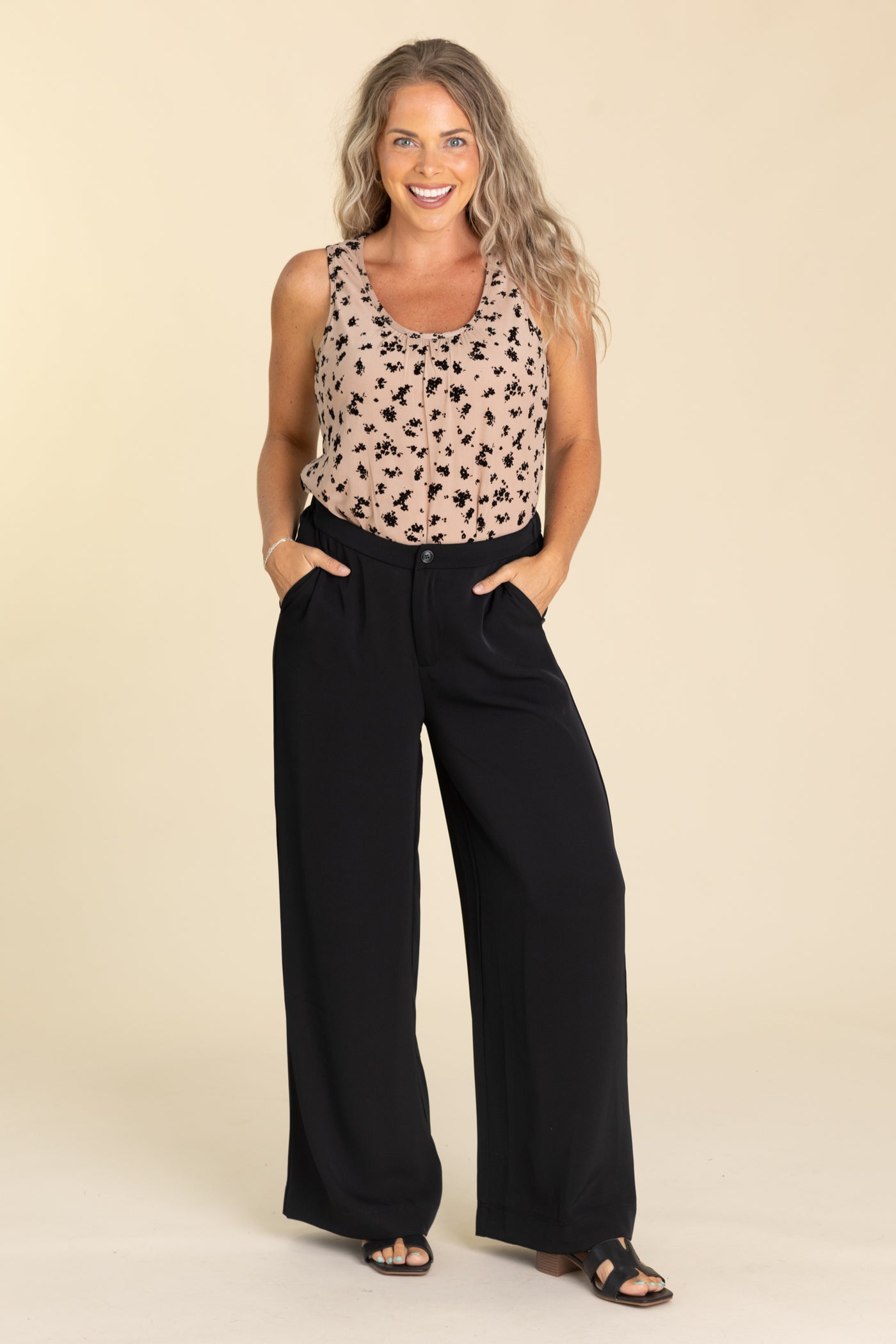 Taupe With Black Floral Print Woven Tank Top