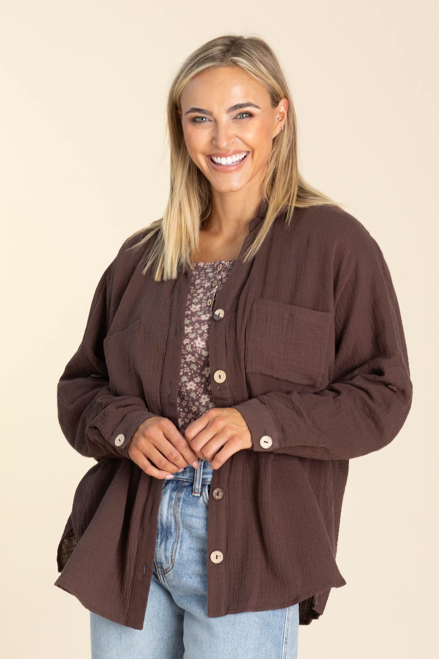 Brown Gauzy Button Down Top