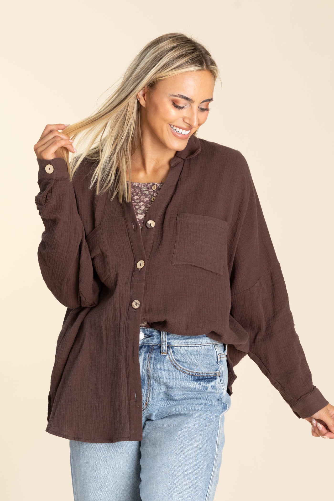 Brown Gauzy Button Down Top
