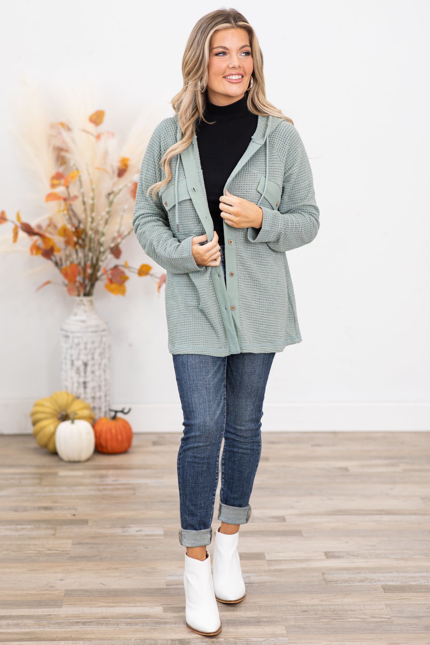 Sage Waffle Knit Hooded Button Up Top
