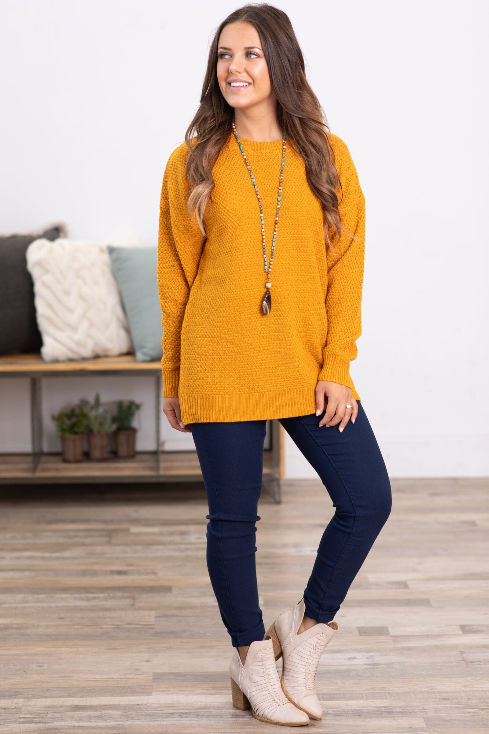 Mustard Ribbed Trim Round Neck Basic Sweater - Filly Flair