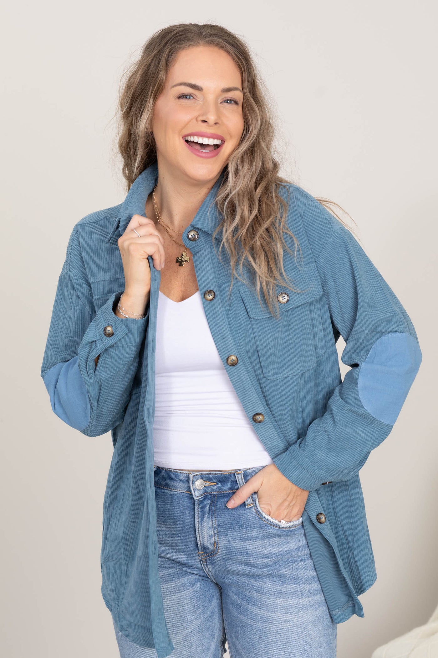 Dusty Blue Button Up Corduroy Shacket