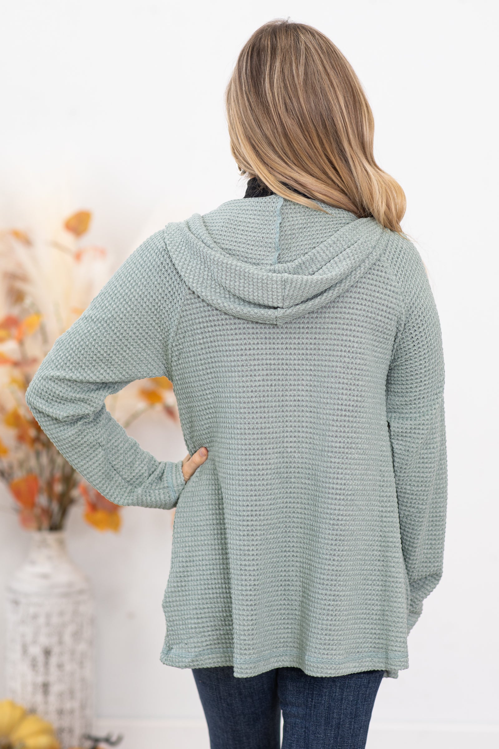 Sage Waffle Knit Hooded Button Up Top