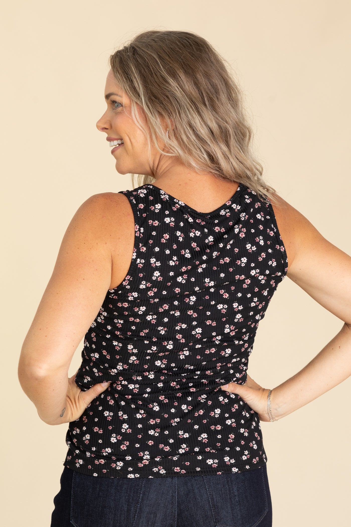 Black Ditsy Floral Notched V-Neck Tank Top