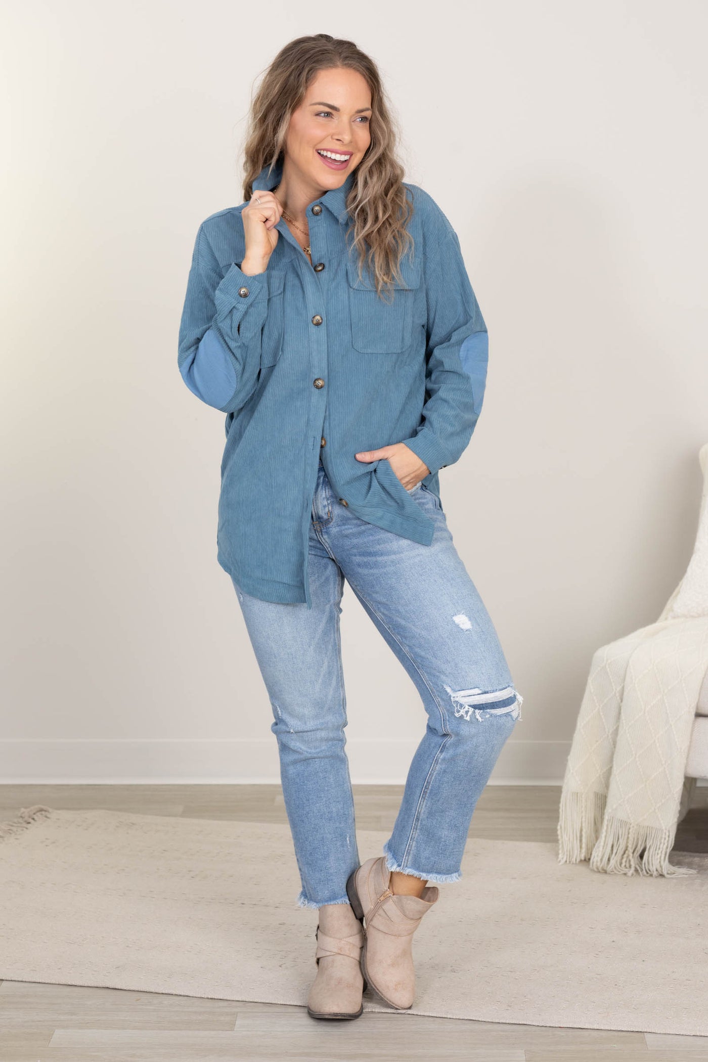 Dusty Blue Button Up Corduroy Shacket