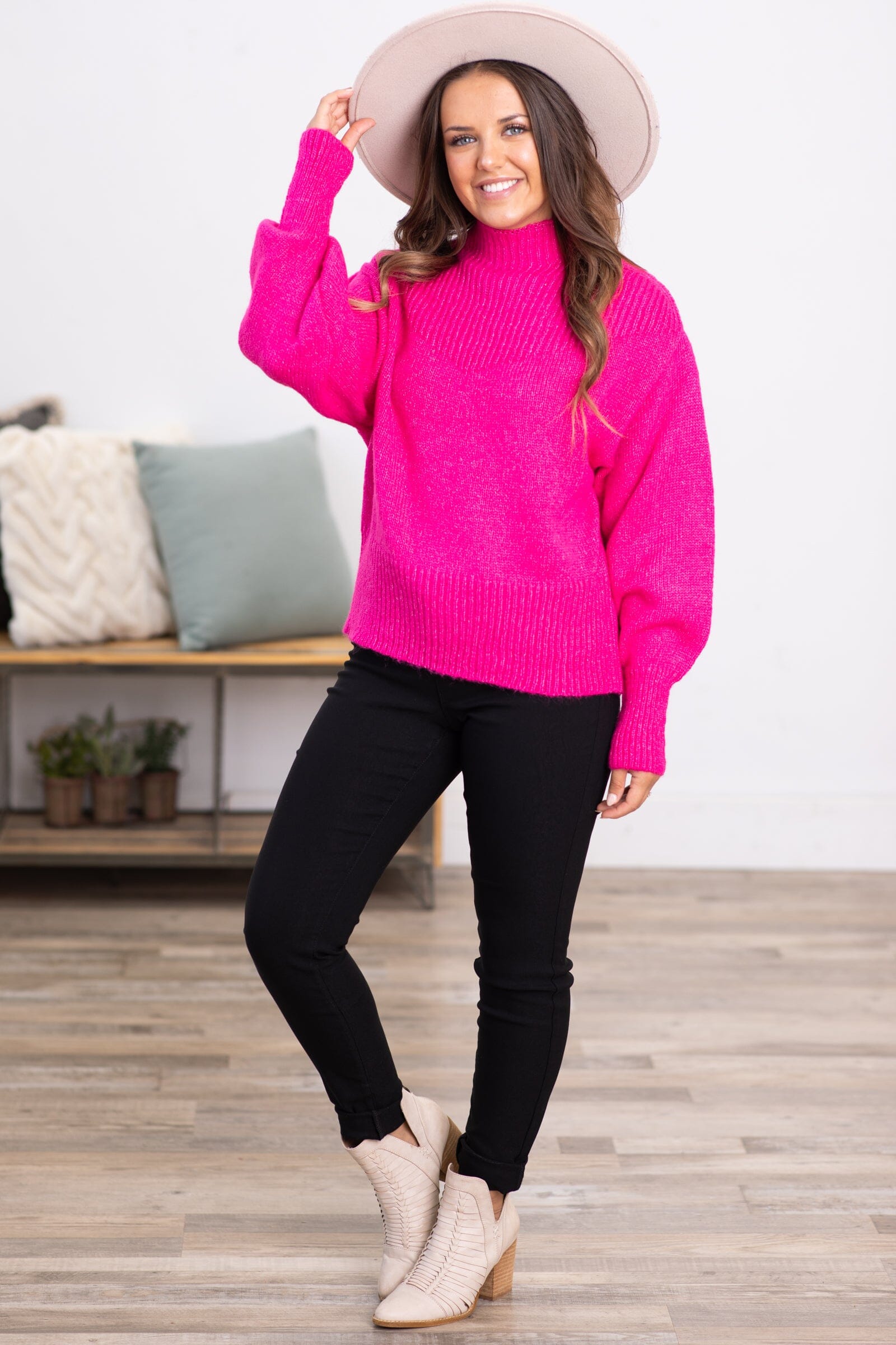 Hot Pink Balloon Sleeve Mock Neck Sweater - Filly Flair
