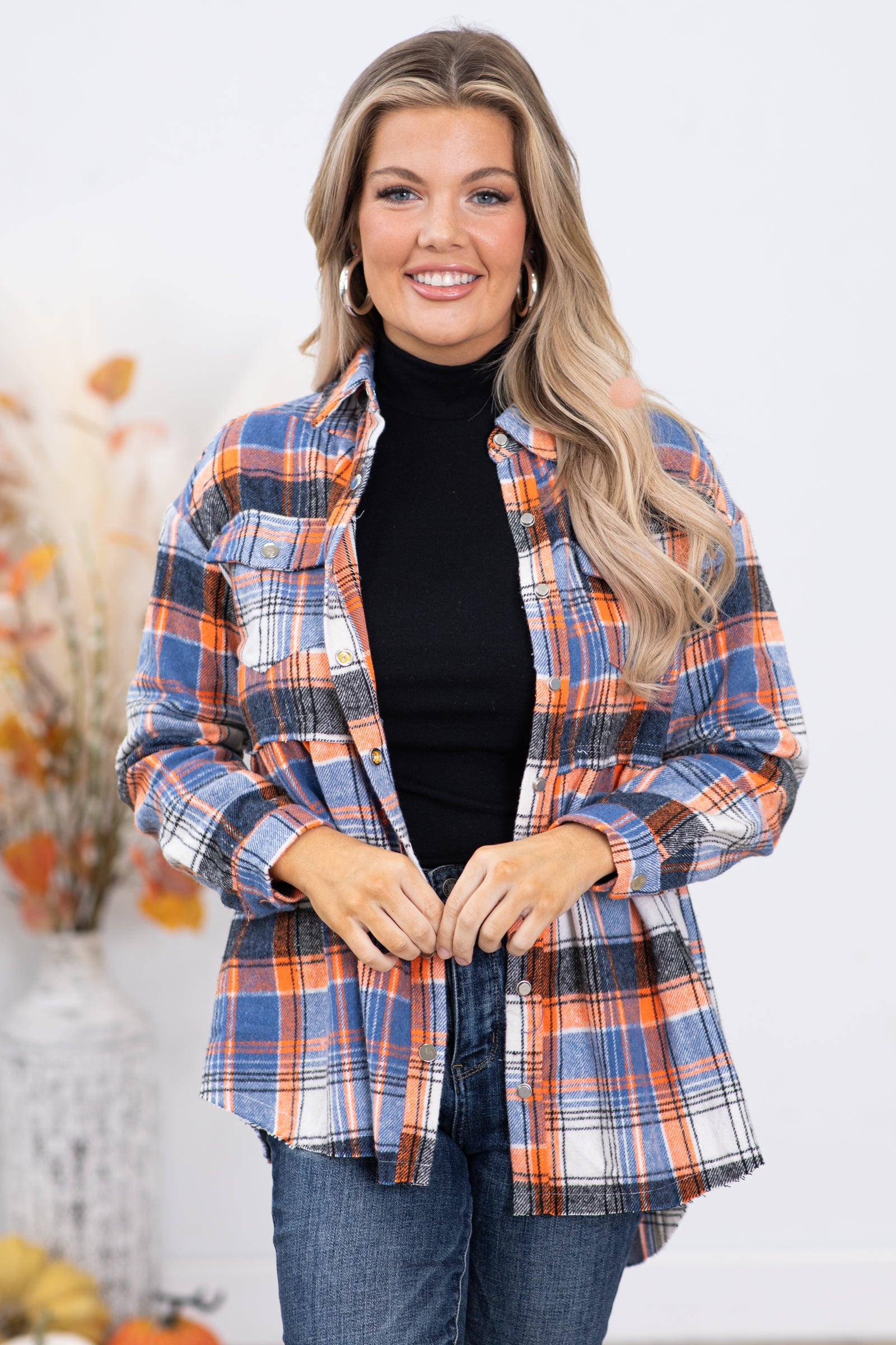 Orange and Blue Plaid Babydoll Button Up Top