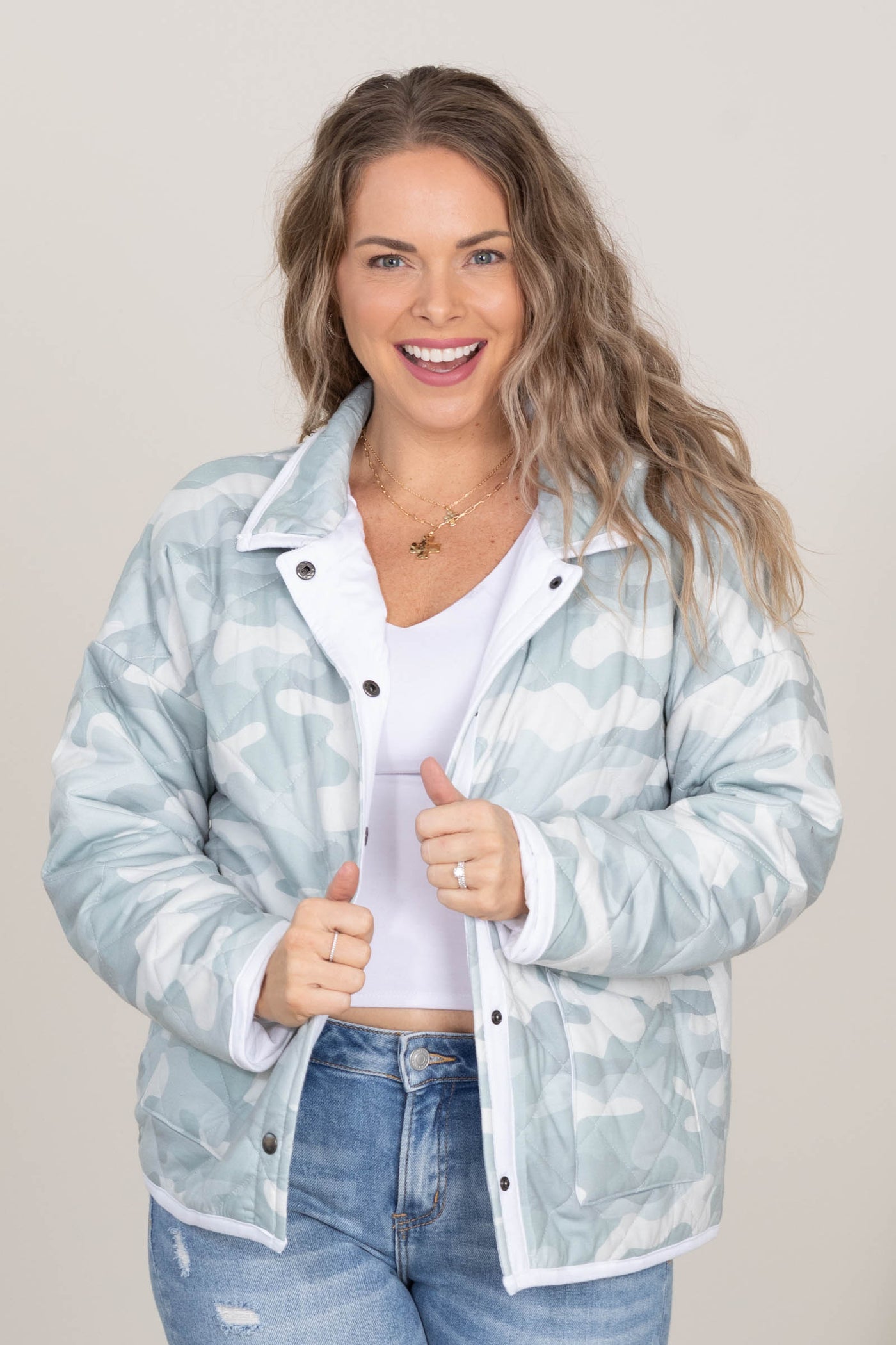 Dusty Mint Camo Quilted Snap Button Jacket