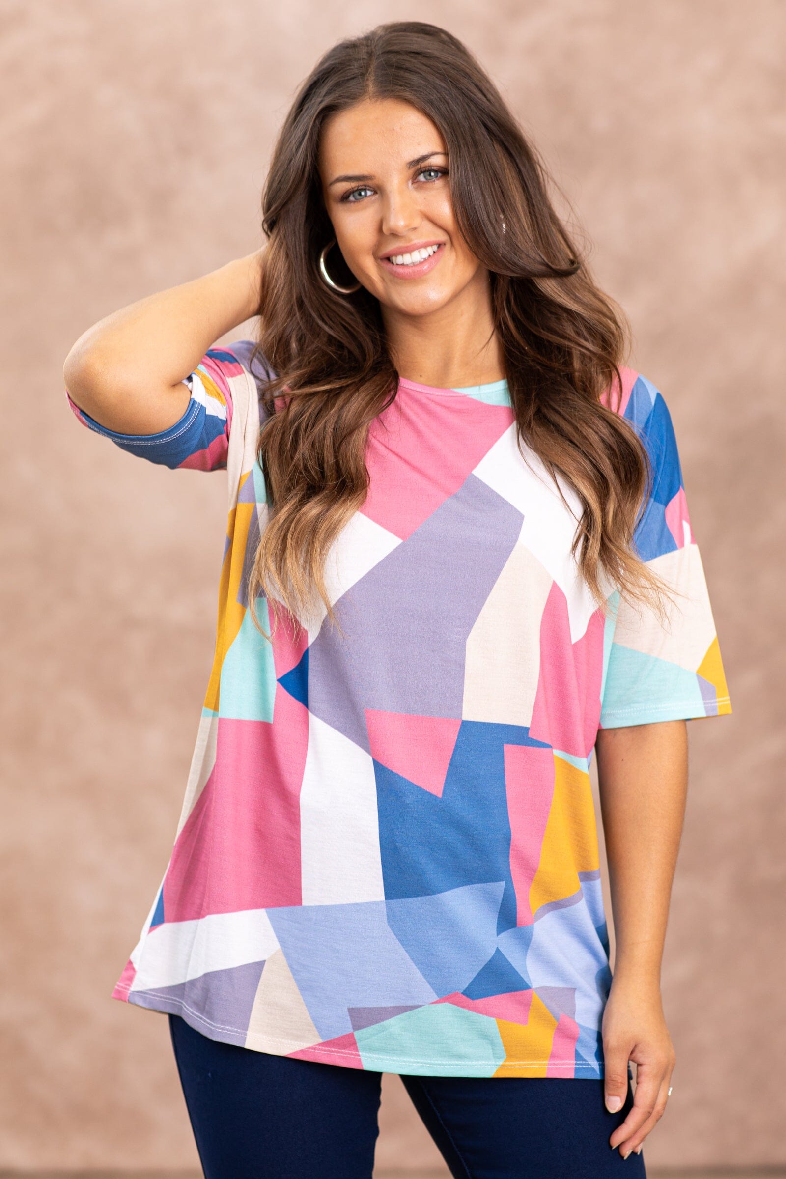 Dark Blush and Blue Multicolor Abstract Top - Filly Flair
