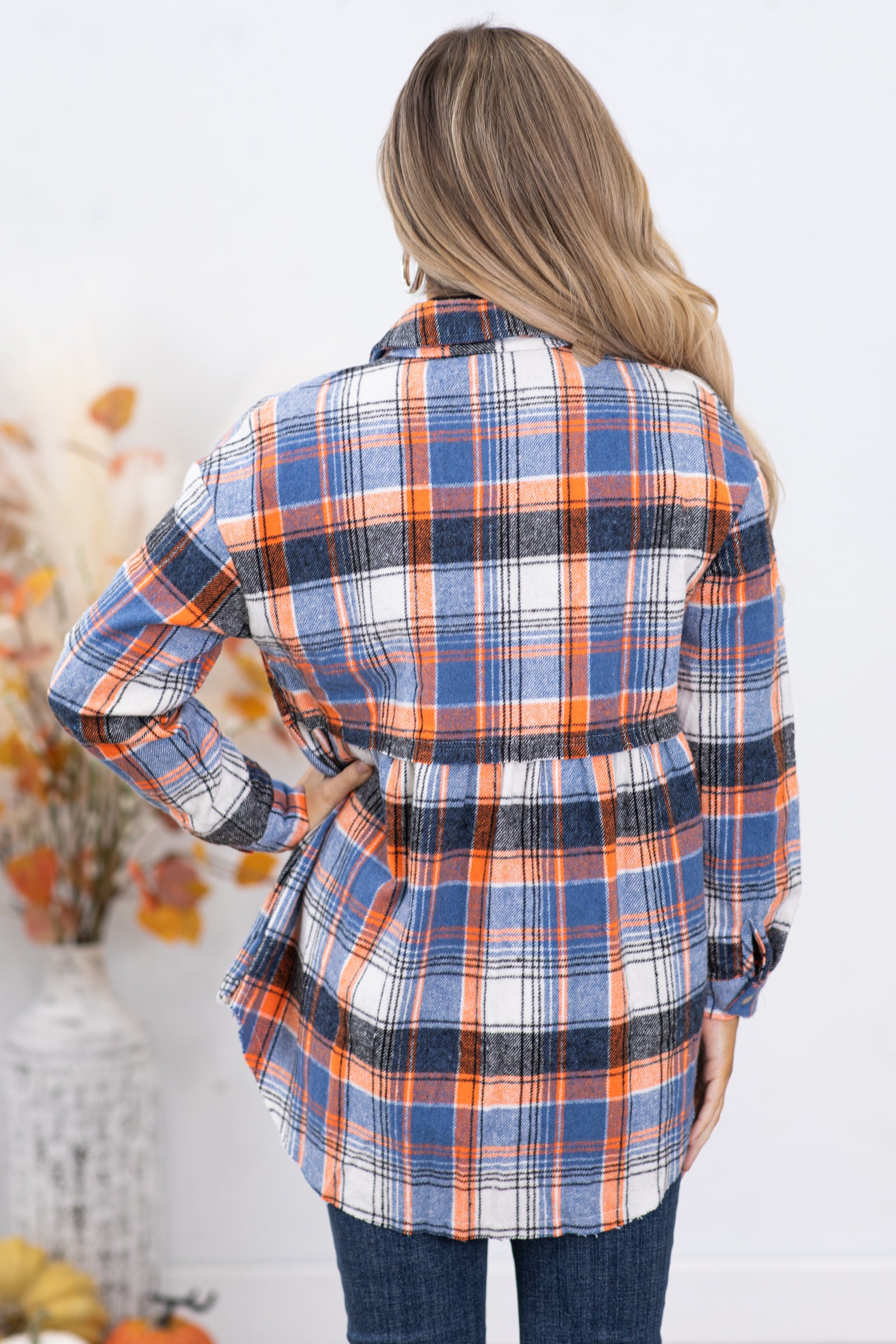Orange and Blue Plaid Babydoll Button Up Top