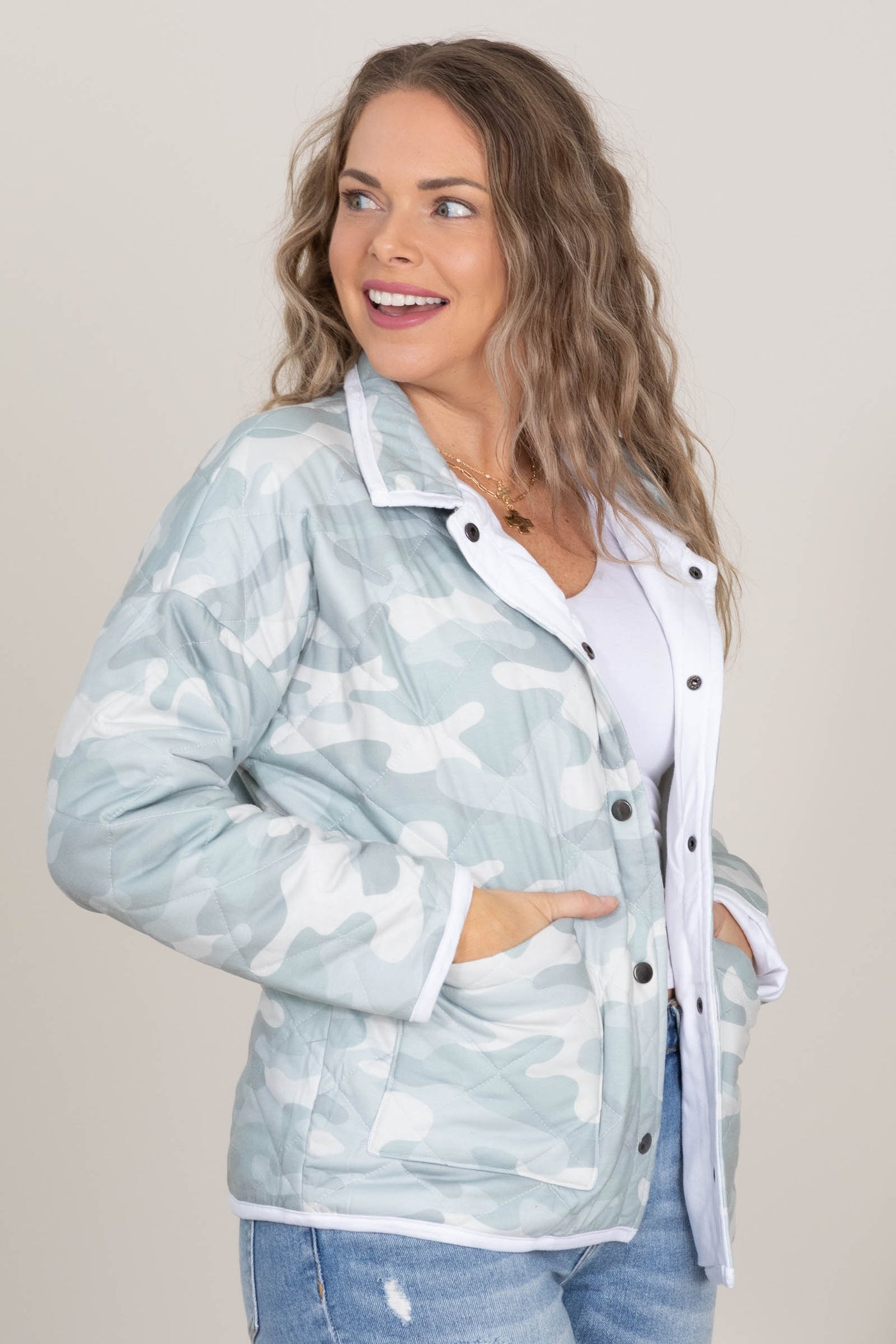 Dusty Mint Camo Quilted Snap Button Jacket