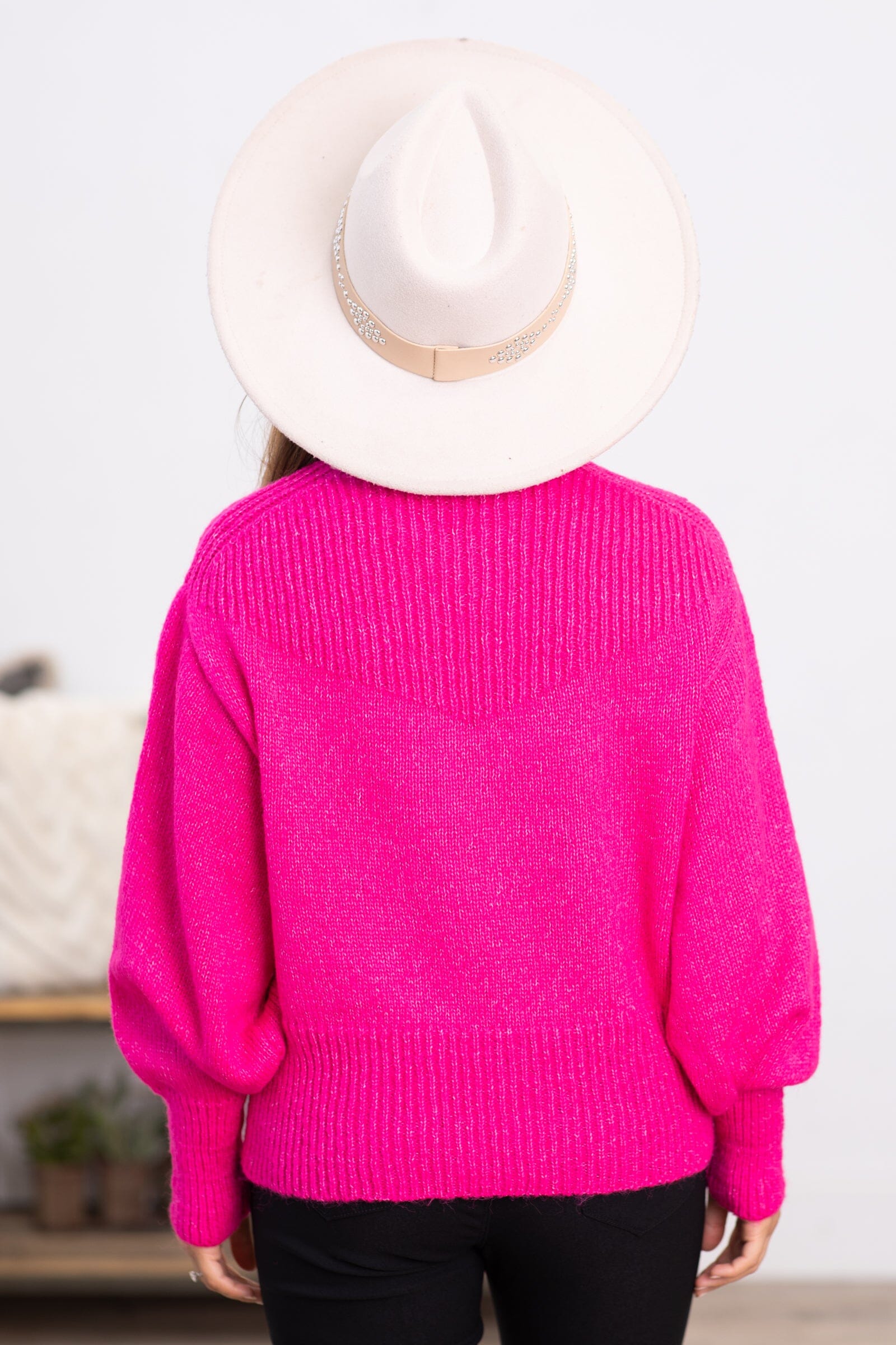 Hot Pink Balloon Sleeve Mock Neck Sweater - Filly Flair