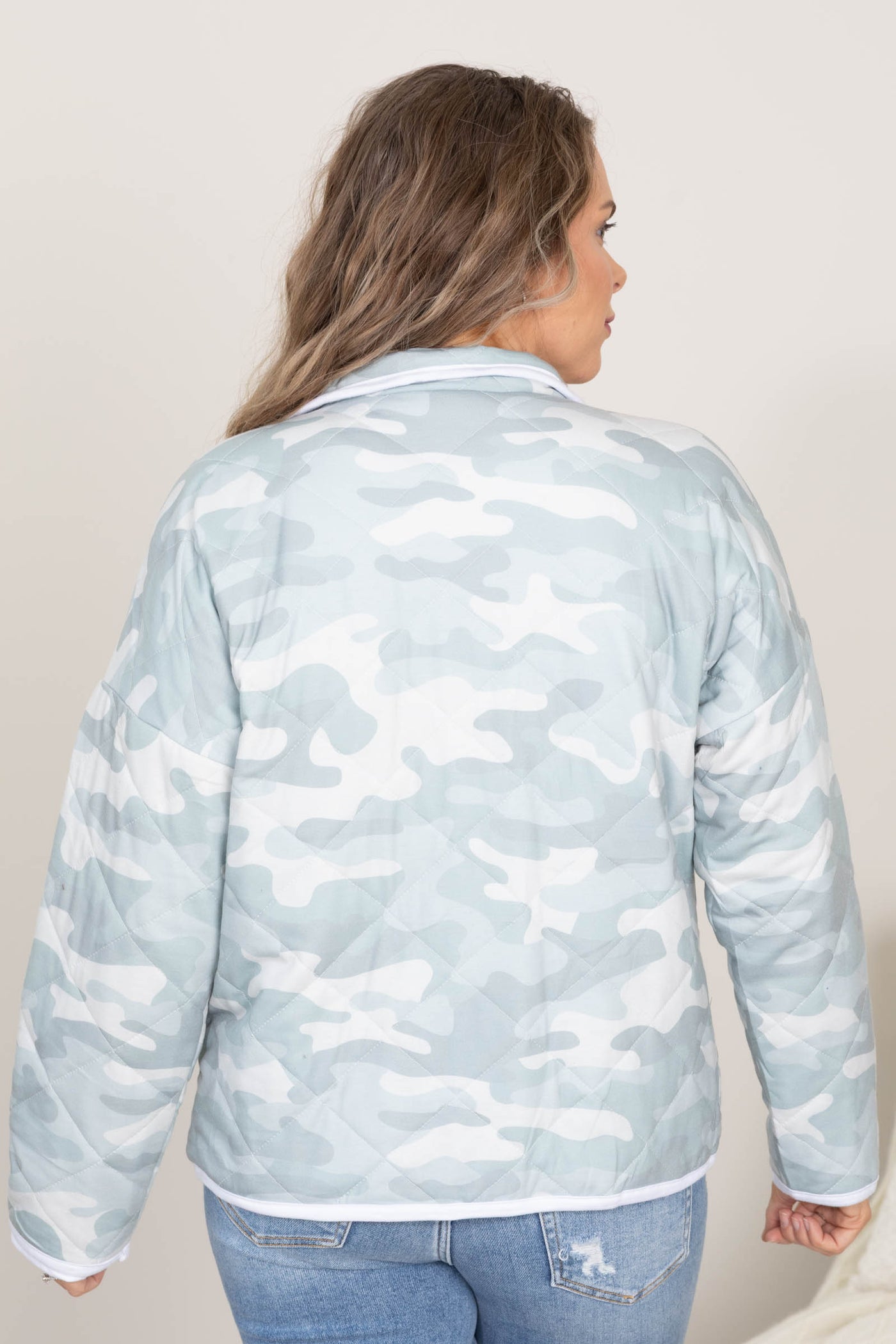 Dusty Mint Camo Quilted Snap Button Jacket