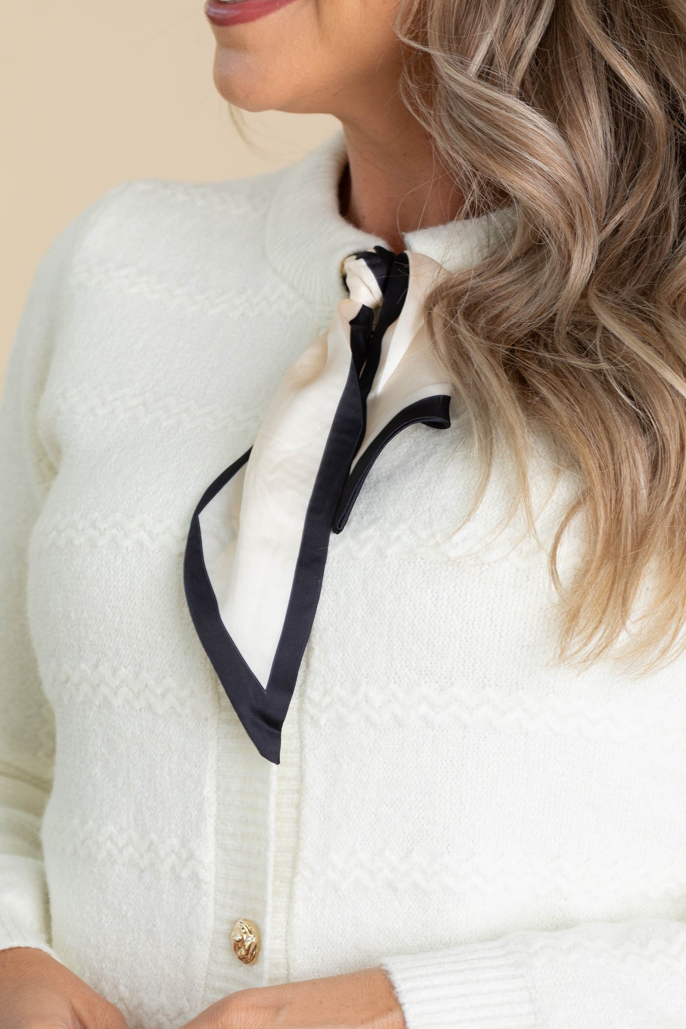 Cream Contrast Stitch Trim Button Up Cardigan