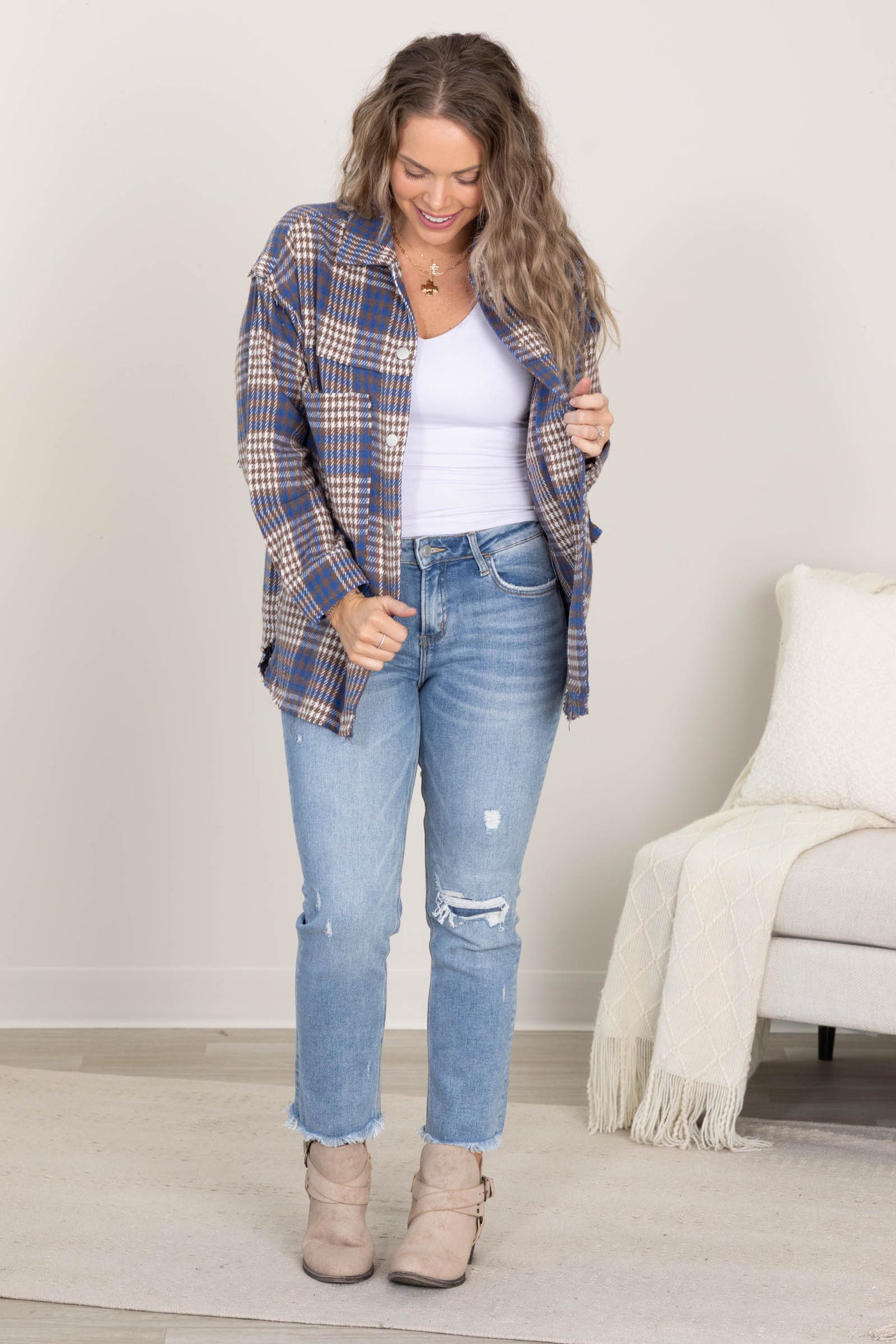 Blue Plaid Button Up Shacket