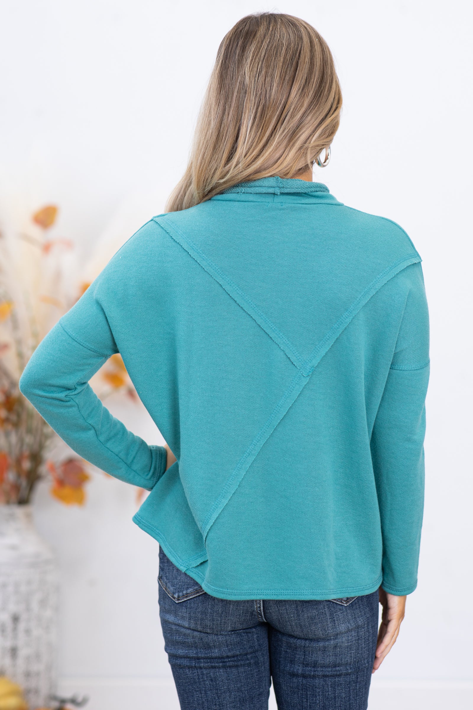 Turquoise Mock Neck Top With Seam Detail
