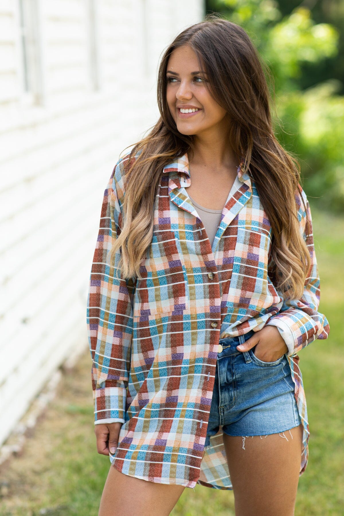 Rust and Eggplant Plaid Button Up Top - Filly Flair