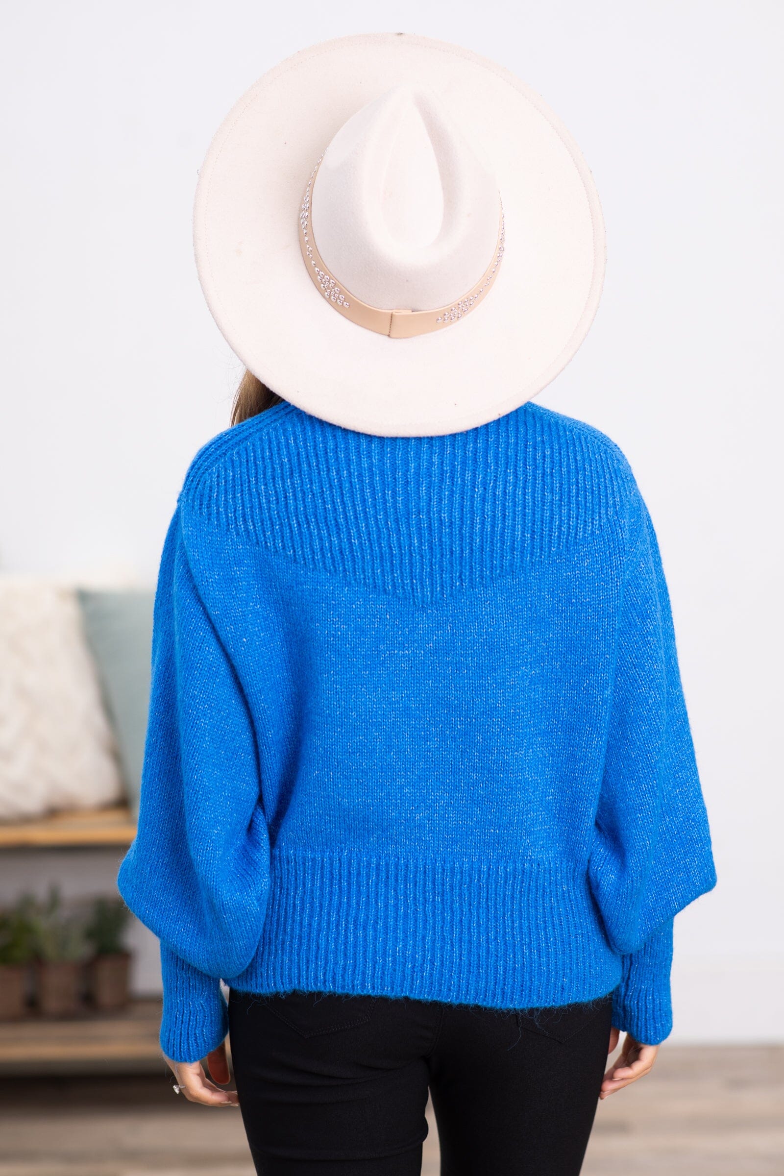 Blue Balloon Sleeve Mock Neck Sweater - Filly Flair
