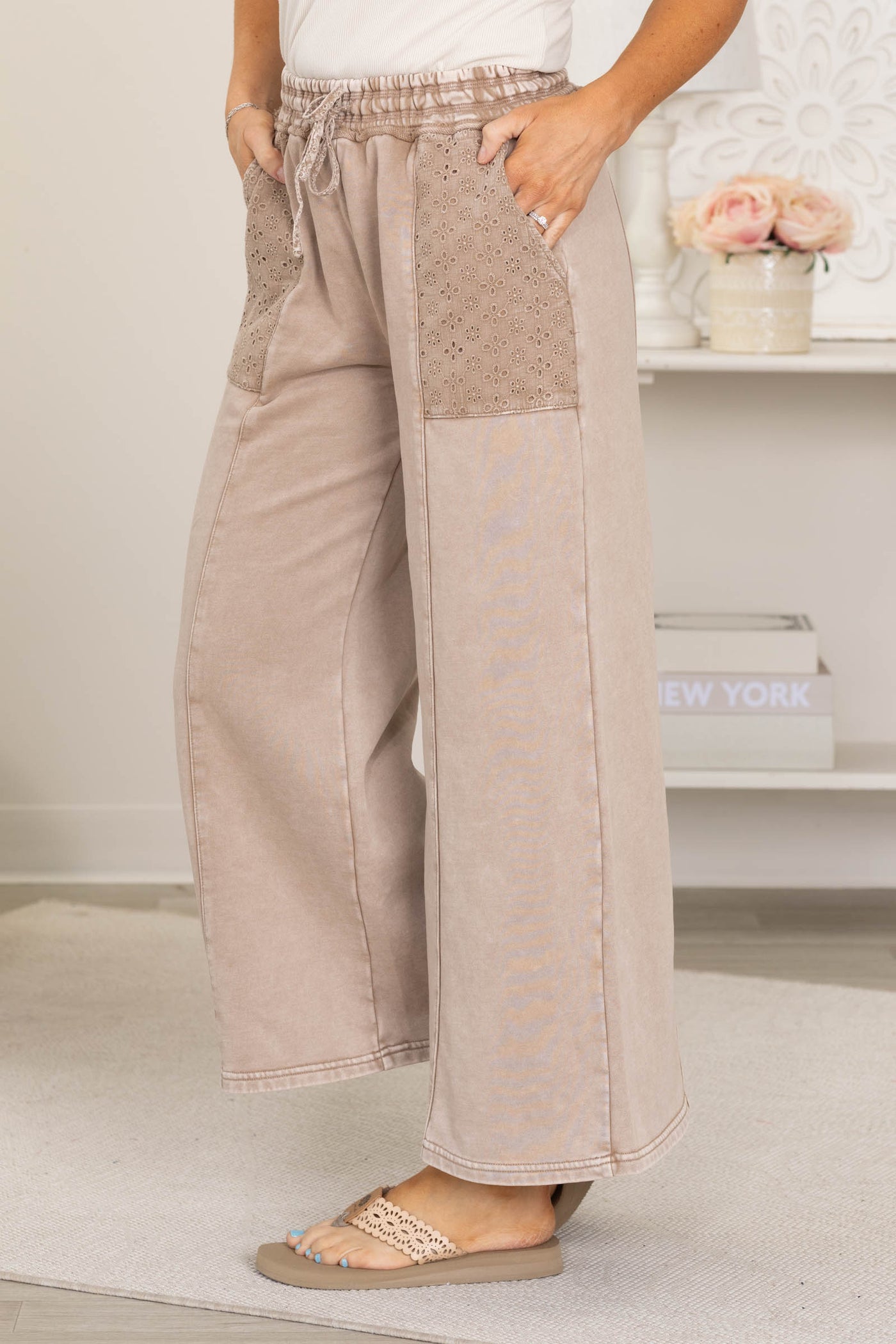 Mocha Mineral Wash Eyelet Lace Pocket Pants