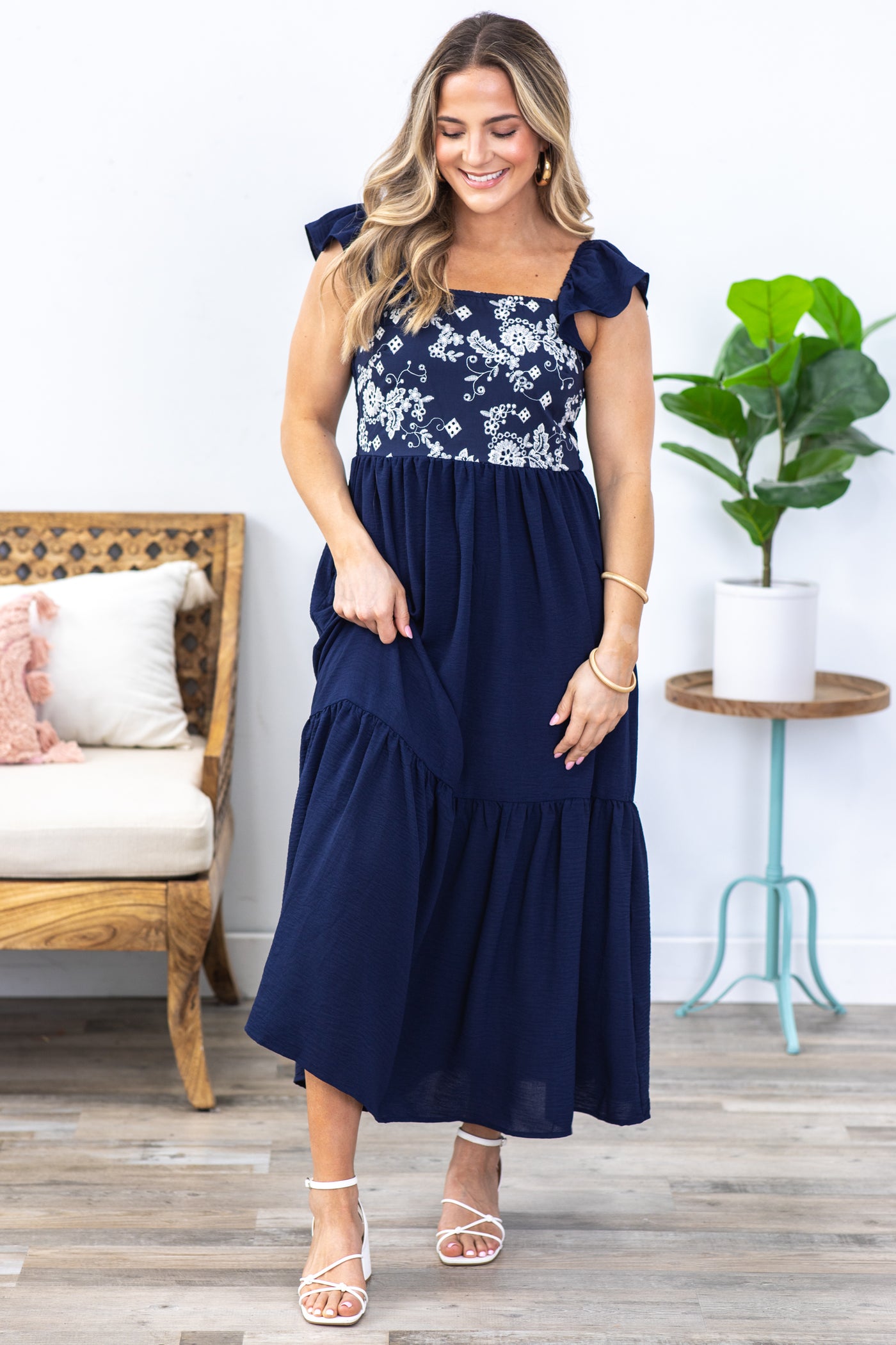 Navy Square Neck Tiered Maxi Dress