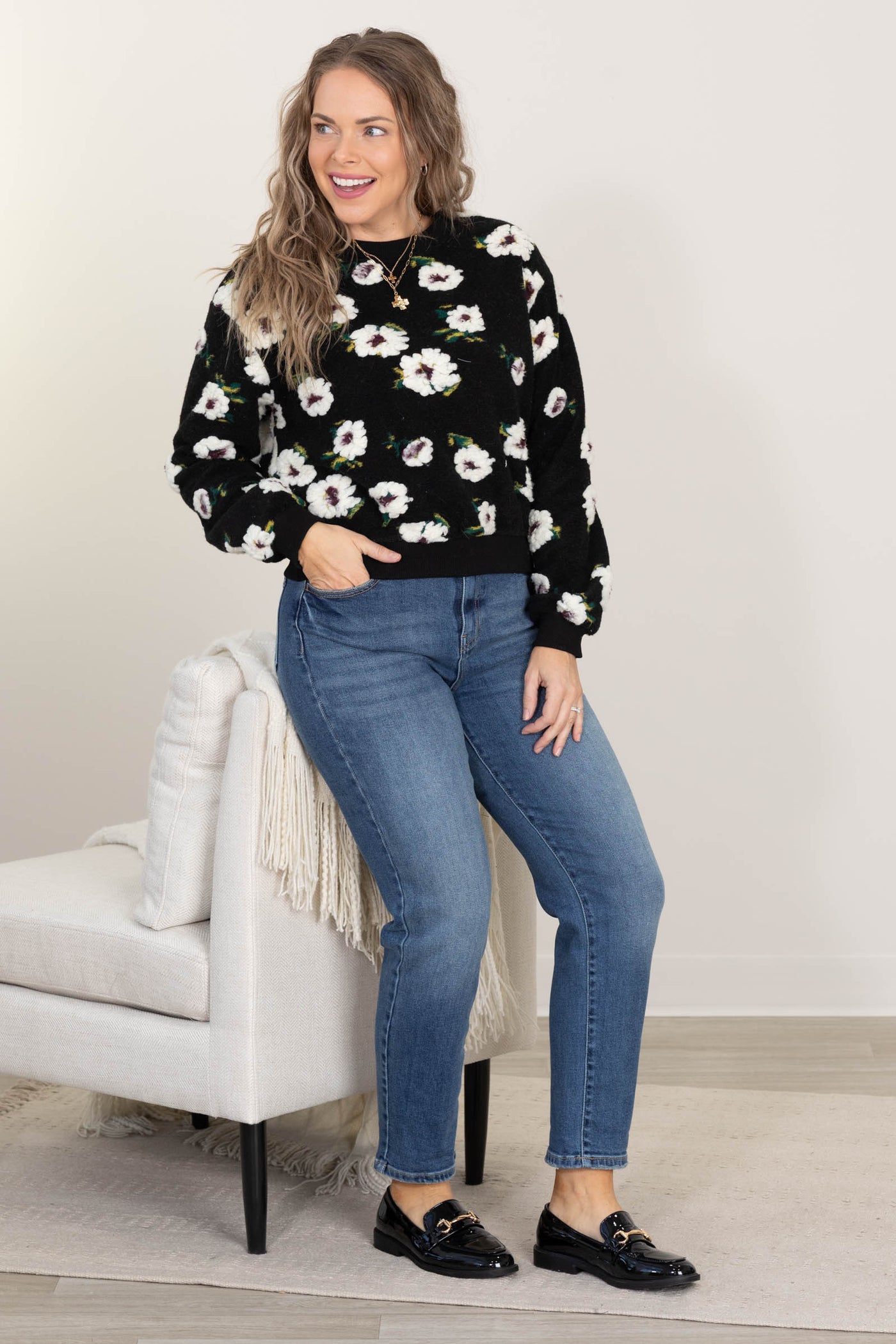 Black Floral Print Sweater
