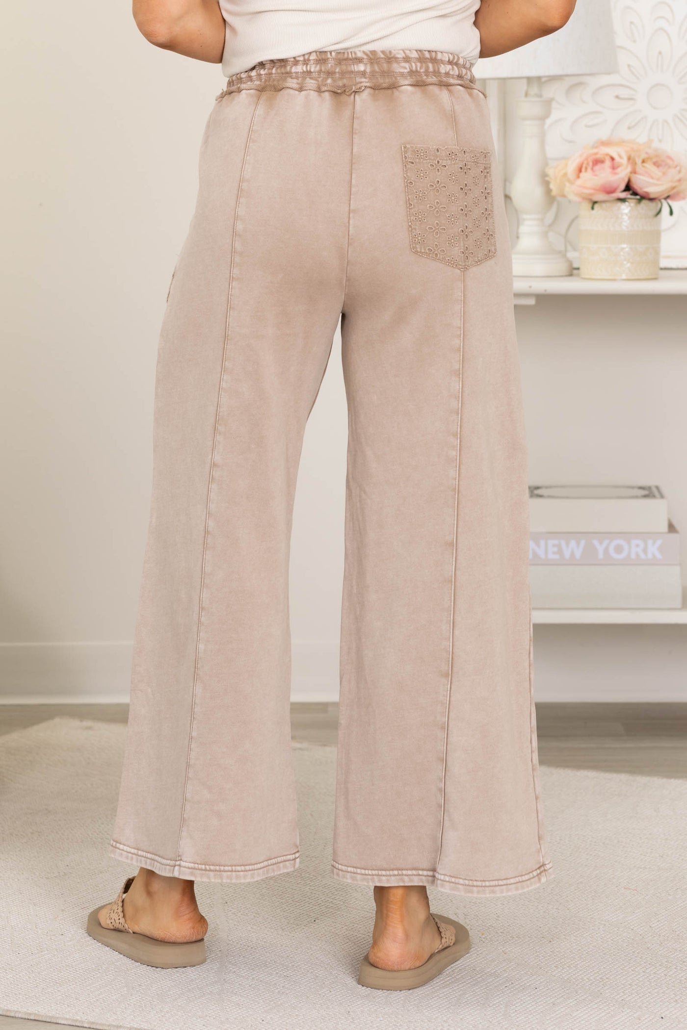 Mocha Mineral Wash Eyelet Lace Pocket Pants