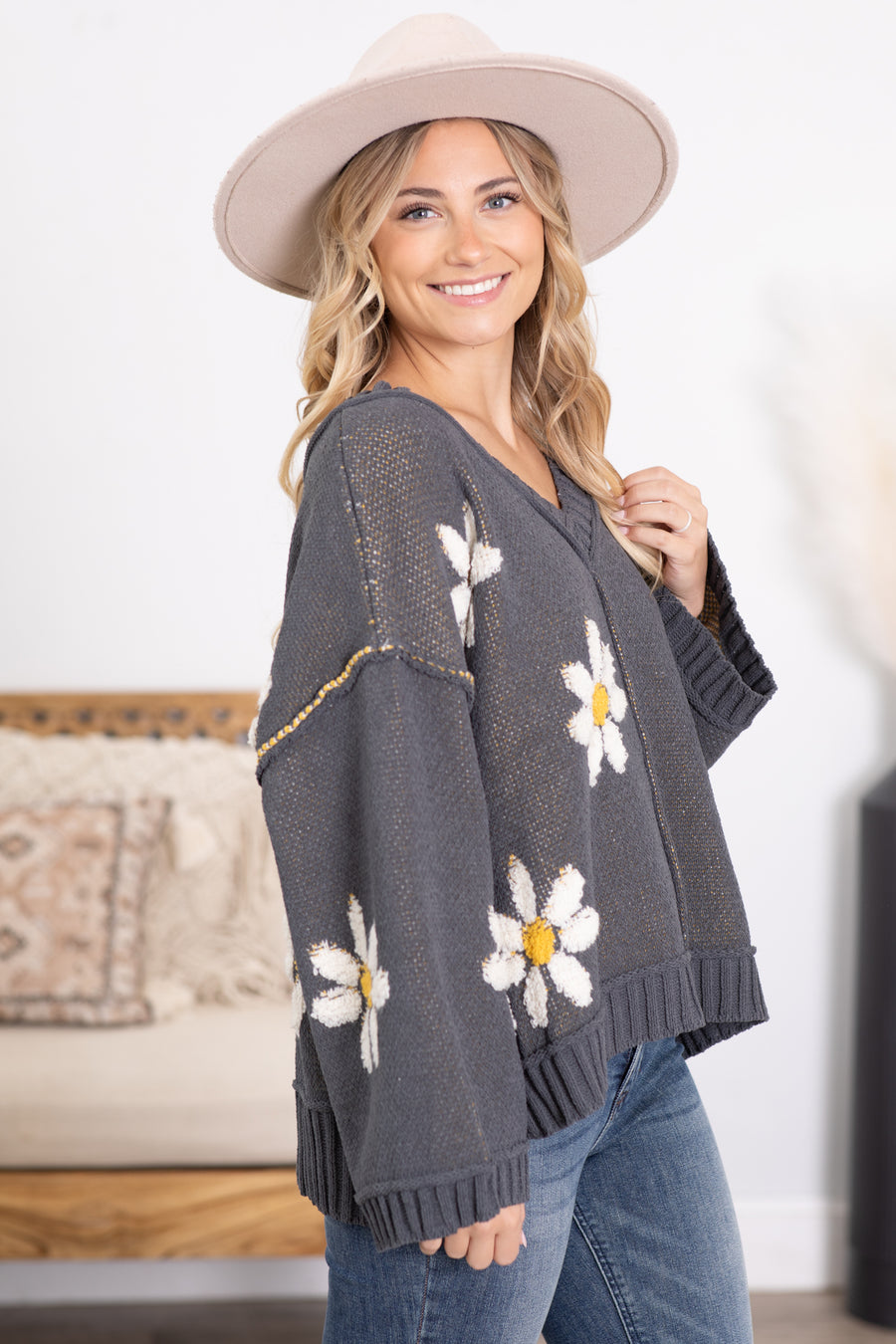 Charcoal Floral Intarsia Chenille Sweater